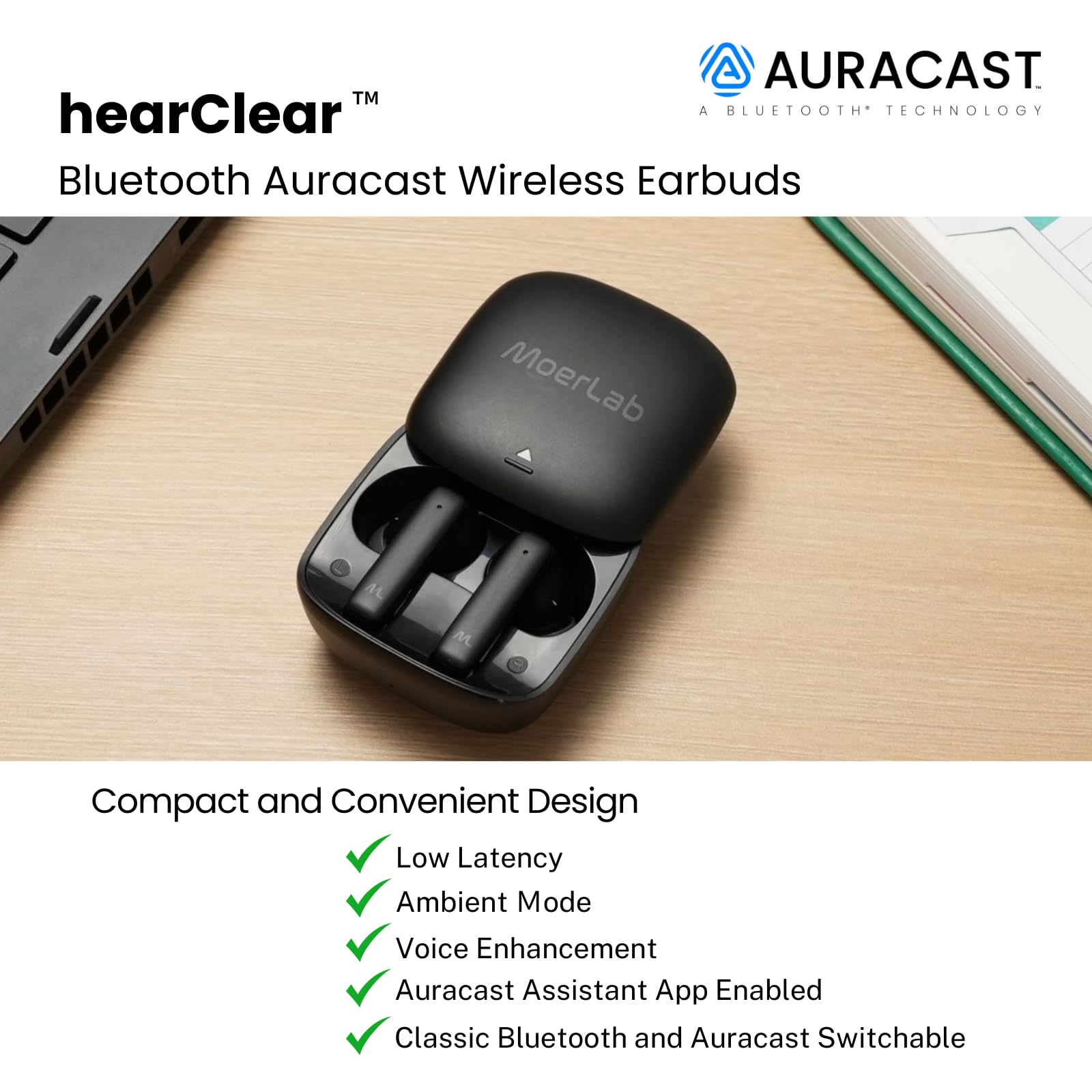 hearClear Bluetooth Auracast Wireless Earbuds - Seamless Switching Between Classic Bluetooth & Auracast for Easy Audio Sharing | Auracast Assistant App Enabled | Perfect for Gym, Travel & Multi-Device Listening