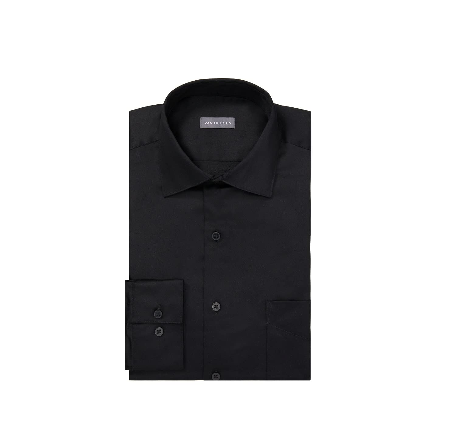 Van Heusen Men's Dress Shirts - Regular Fit Lux Sateen Stretch Solid Black Shirt | 16