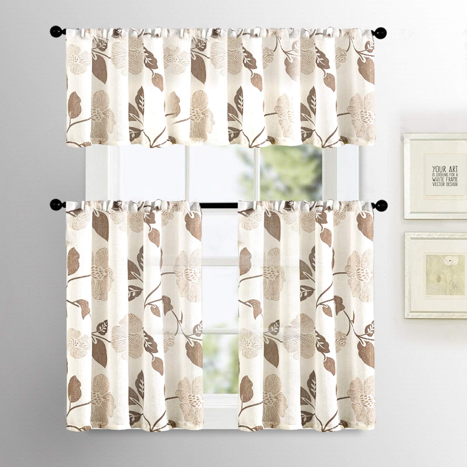 MRTREES Sheer Printed Voile Valance Curtains for Kitchen & Bathroom Windows - Modern Rod Pocket Window Treatment in White with Brown Floral Pattern (54