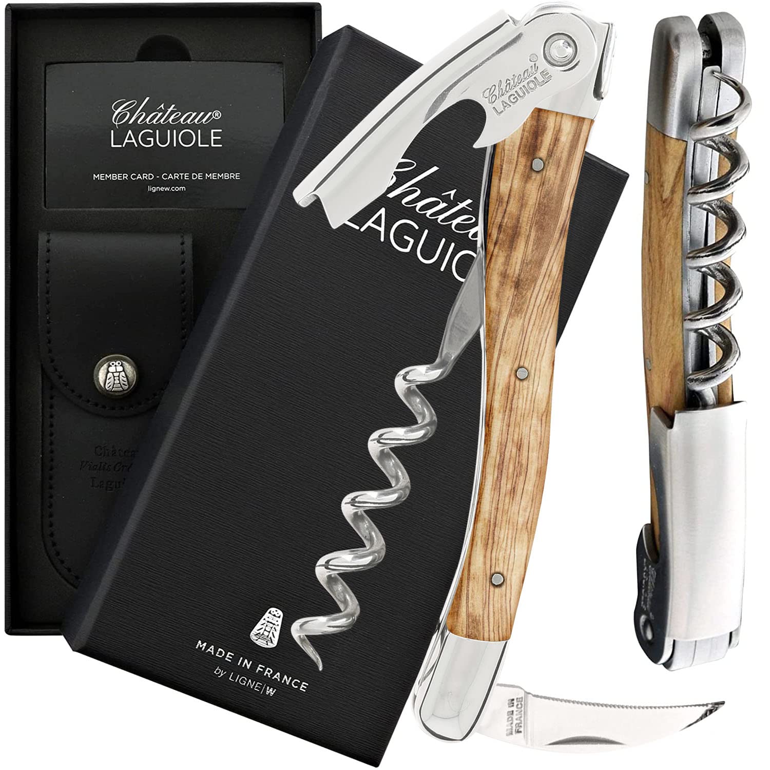 Chateau Laguiole Classic French Wine Opener - Premium Olive Wood Corkscrew with Leather Sheath & Gift Box - Perfect for Wine Lovers, Dinner Parties & Gifts