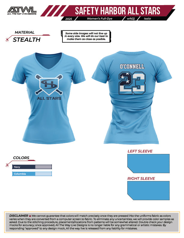 Safety Harbor All Stars Women's V-Neck Full Dye Jersey - Soft & Comfortable Columbia Blue T-Shirt for Casual Wear, Workout & Everyday Use