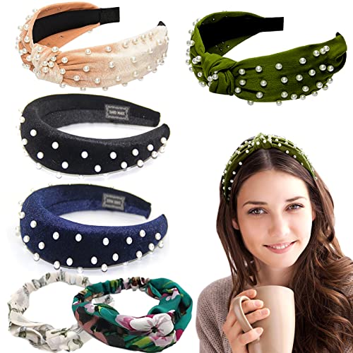 4Pcs Velvet Wide Headbands for Women - Knotted Pearl & Sponge Pearl Hair Accessories, Non-Slip Elastic Fashion Headbands (Bonus 2 Hair Bands) | Perfect for Work, Weddings, Parties & Everyday Wear