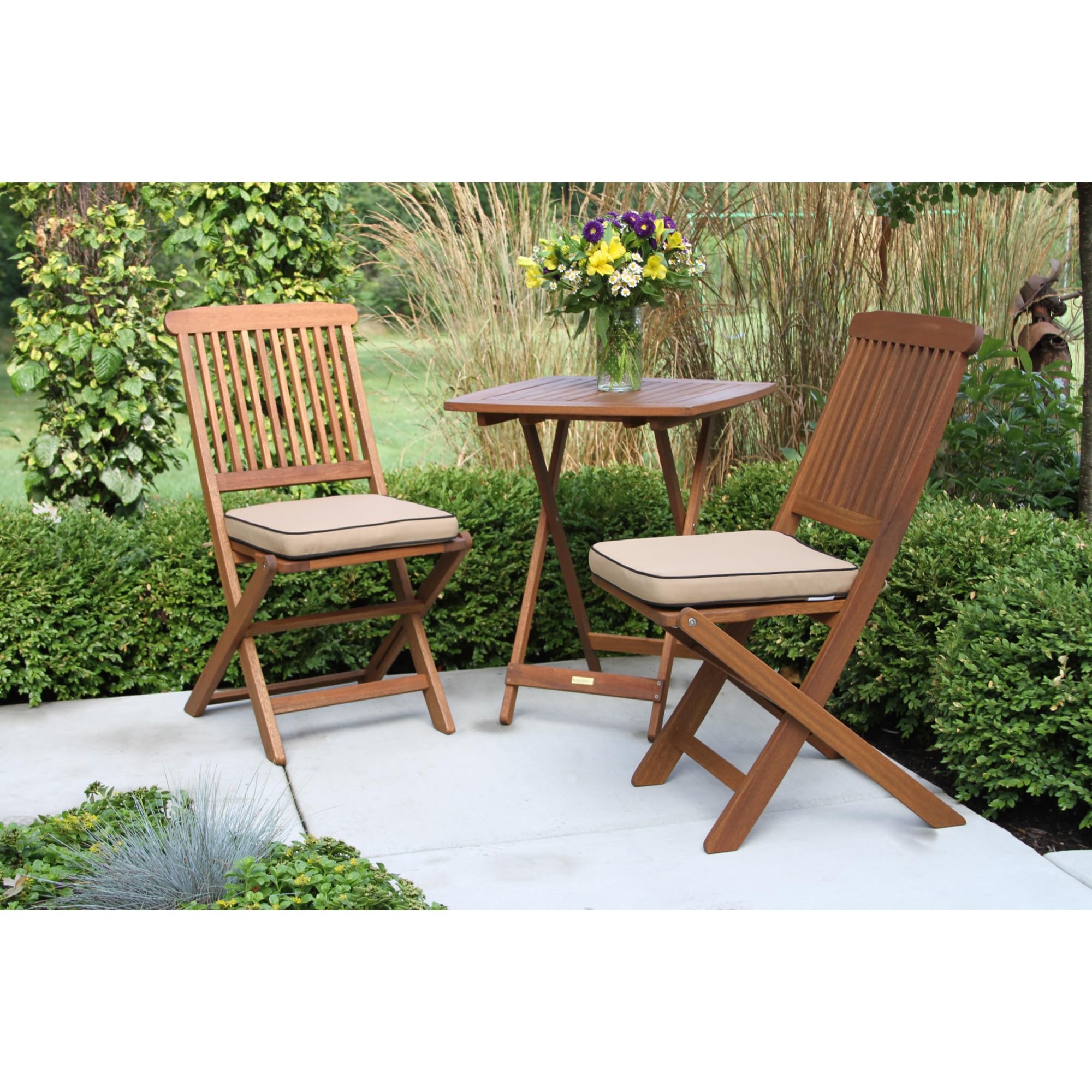 Premium Eucalyptus Wood 3-Piece Square Foldable Bistro Set - Outdoor Patio Furniture with Table & 2 Cushioned Chairs (Beige) - Perfect for Garden, Balcony, and Backyard Relaxation