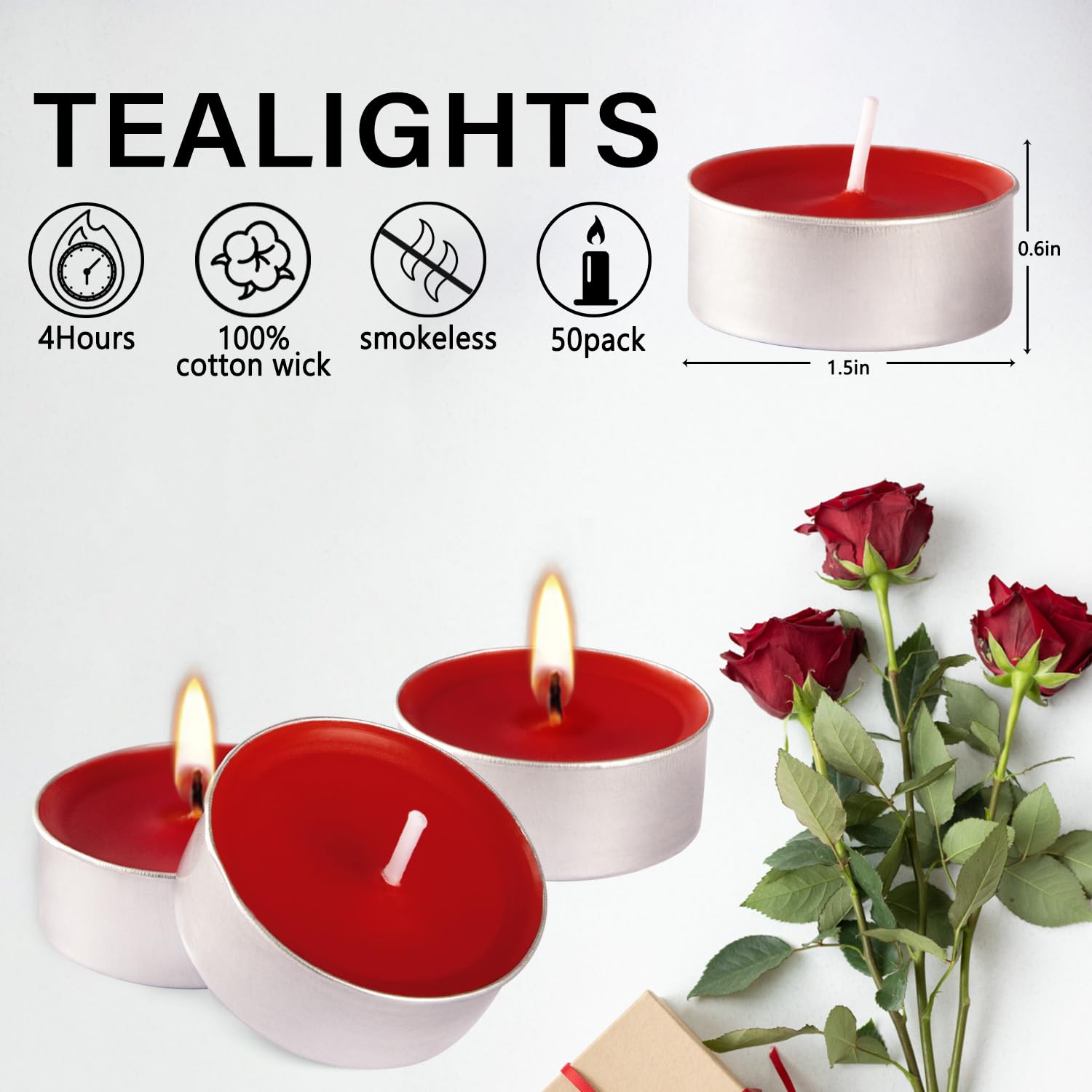 50-Pack Unscented Red Tealight Candles - Smokeless, Dripless, Long-Lasting 4-Hour Burn - Perfect for Emergency Kits, Romantic Dinners, Wedding Decor, Church Events & Party Centerpieces