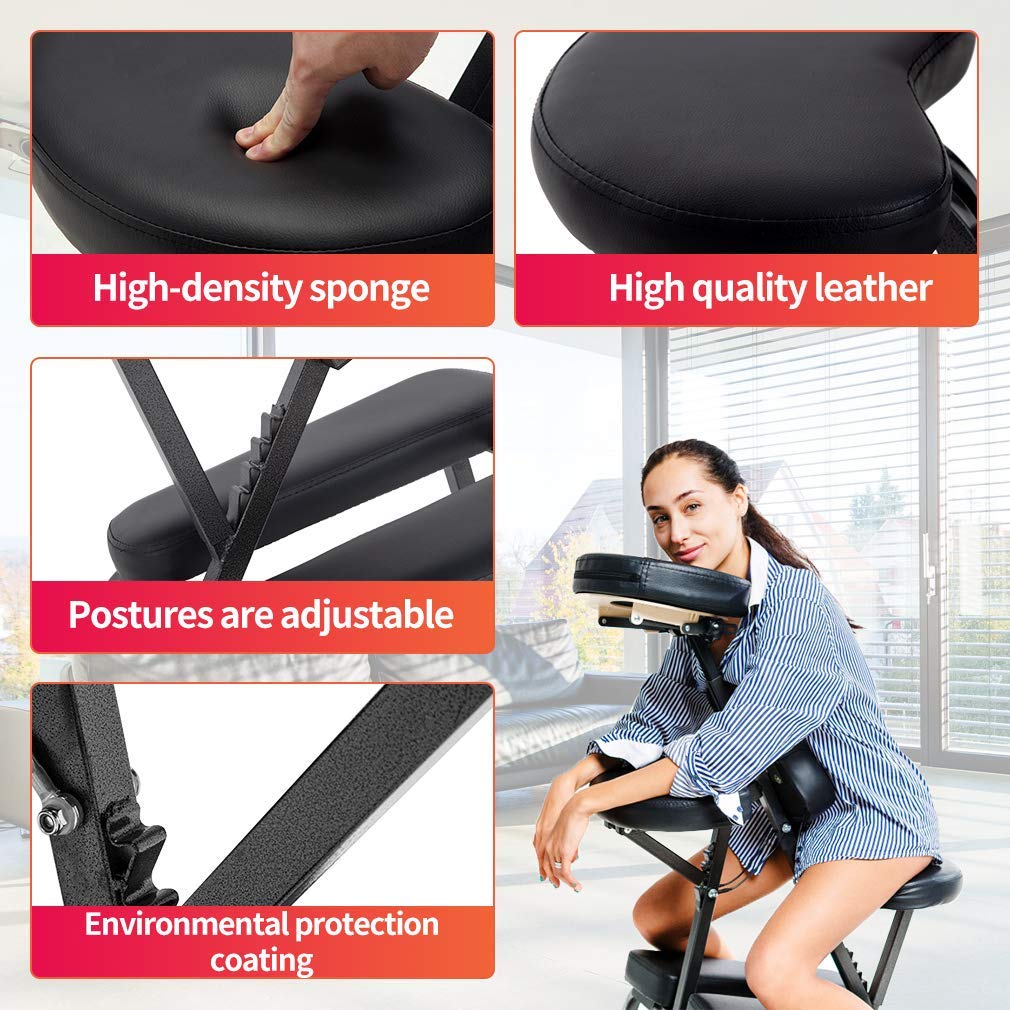 Portable Massage Chair for Home & Travel - Adjustable Height Folding Leather Spa Chair with Free Carry Case - Perfect for Tattoo Parlors, Salons & Relaxation (Black)