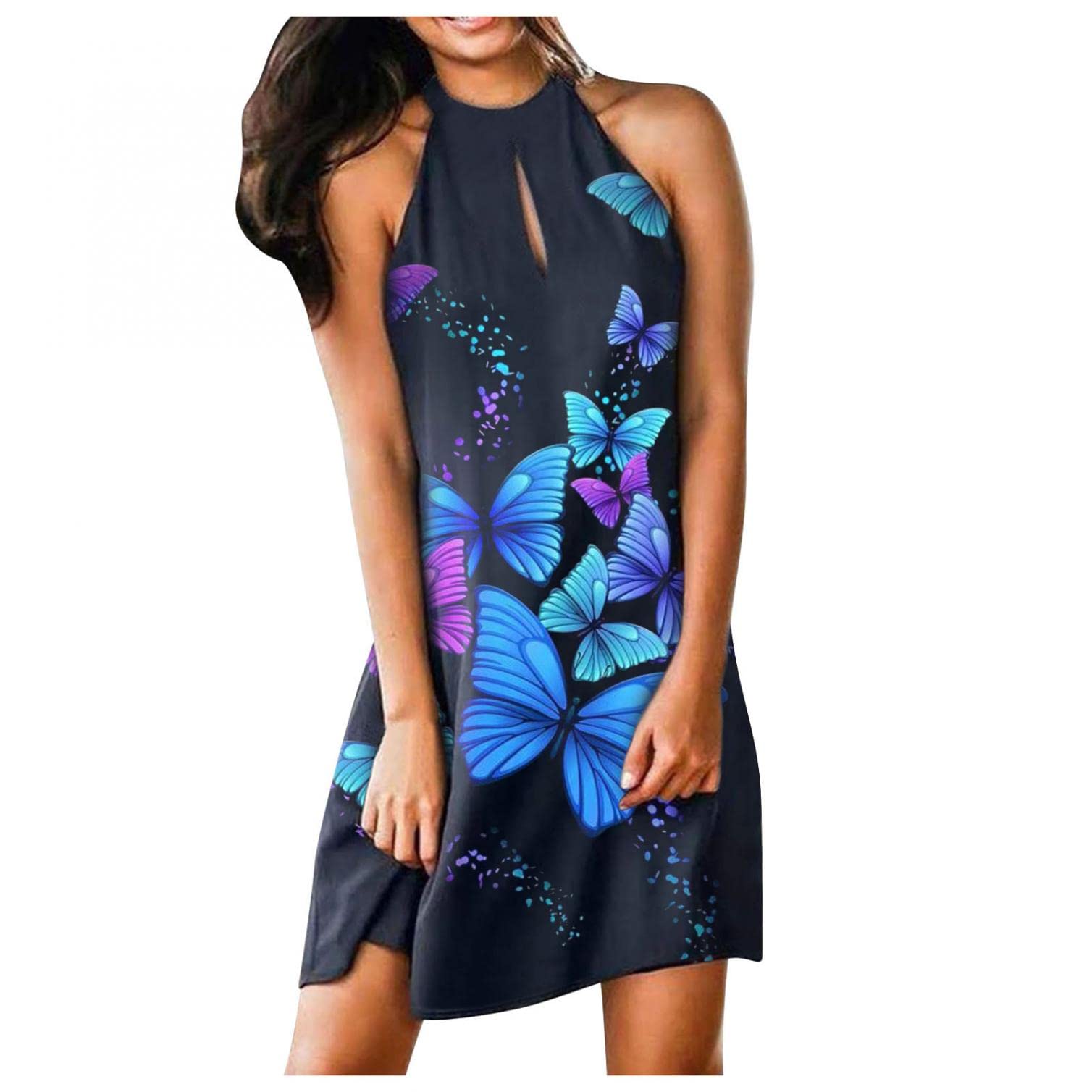 Women's Summer Casual Loose Butterfly Print Sleeveless Dress - Flowy Beach Vacation Dress for Women, Perfect for Tropical Getaways, Pool Parties & Summer Outings