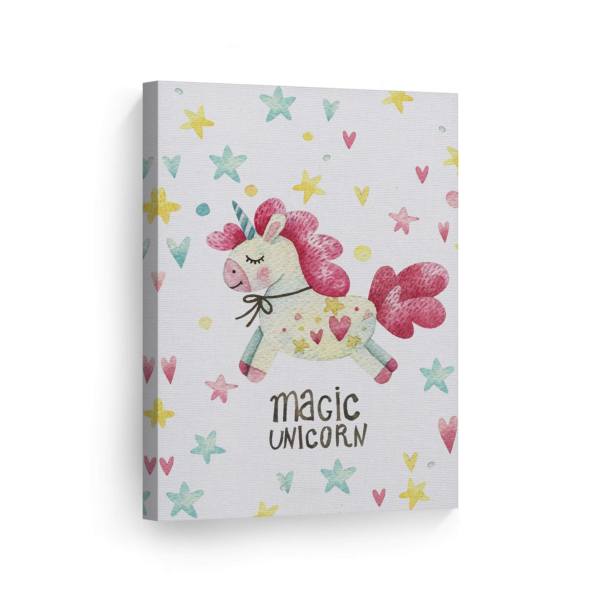 Colorful Watercolor Unicorn Canvas Print - Smile Art Design Magic Unicorn Wall Decor for Kids Room, Nursery & Baby Room - Ready to Hang Made in USA (28x19) - Perfect for Birthday Gifts, Children's Bedroom Decor & Fantasy Themed Playrooms