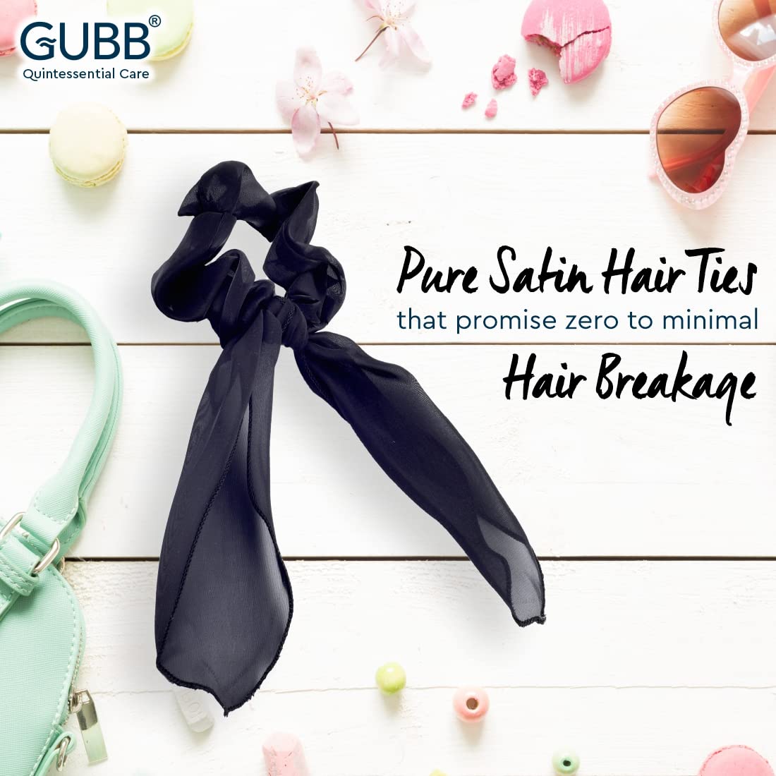 GUBB Satin Scrunchies for Women - Soft Anti-Breakage Hair Ties for Girls | Minimizes Hair Loss, Reduces Damage & Split Ends | Frizz-Free & Crease-Free | Perfect for Workouts, Yoga, Sleep & Everyday Use - Noir Hues