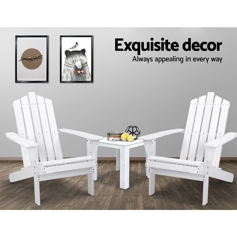 3-Piece White Wooden Adirondack Outdoor Table and Chairs Set - Perfect for Beach, Patio, Garden, and Backyard Relaxation