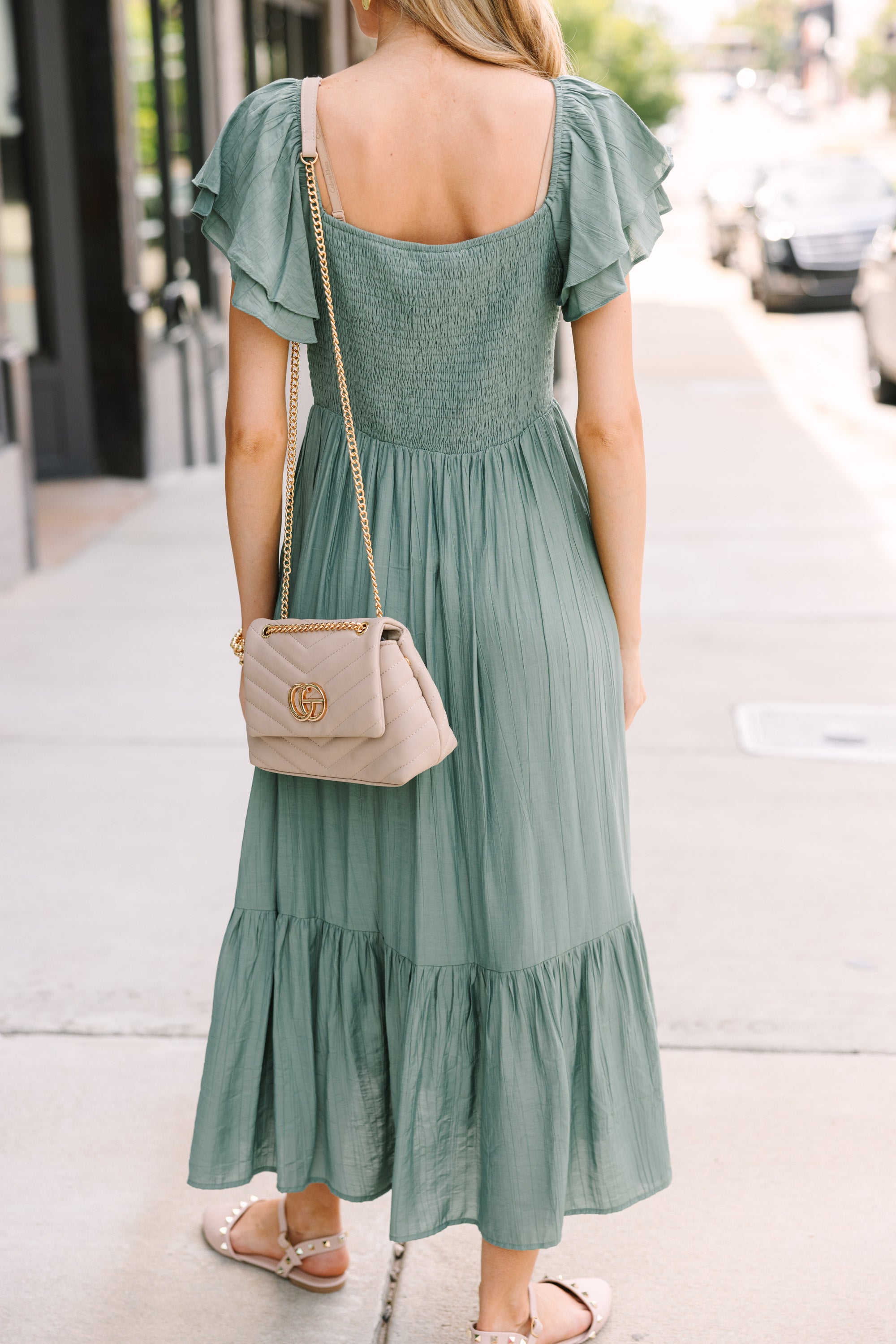 All Yours Deep Sage Green Ruffled Midi Dress - Women's Boho Flowy Summer Dress for Beach Vacation, Date Night & Outdoor Parties