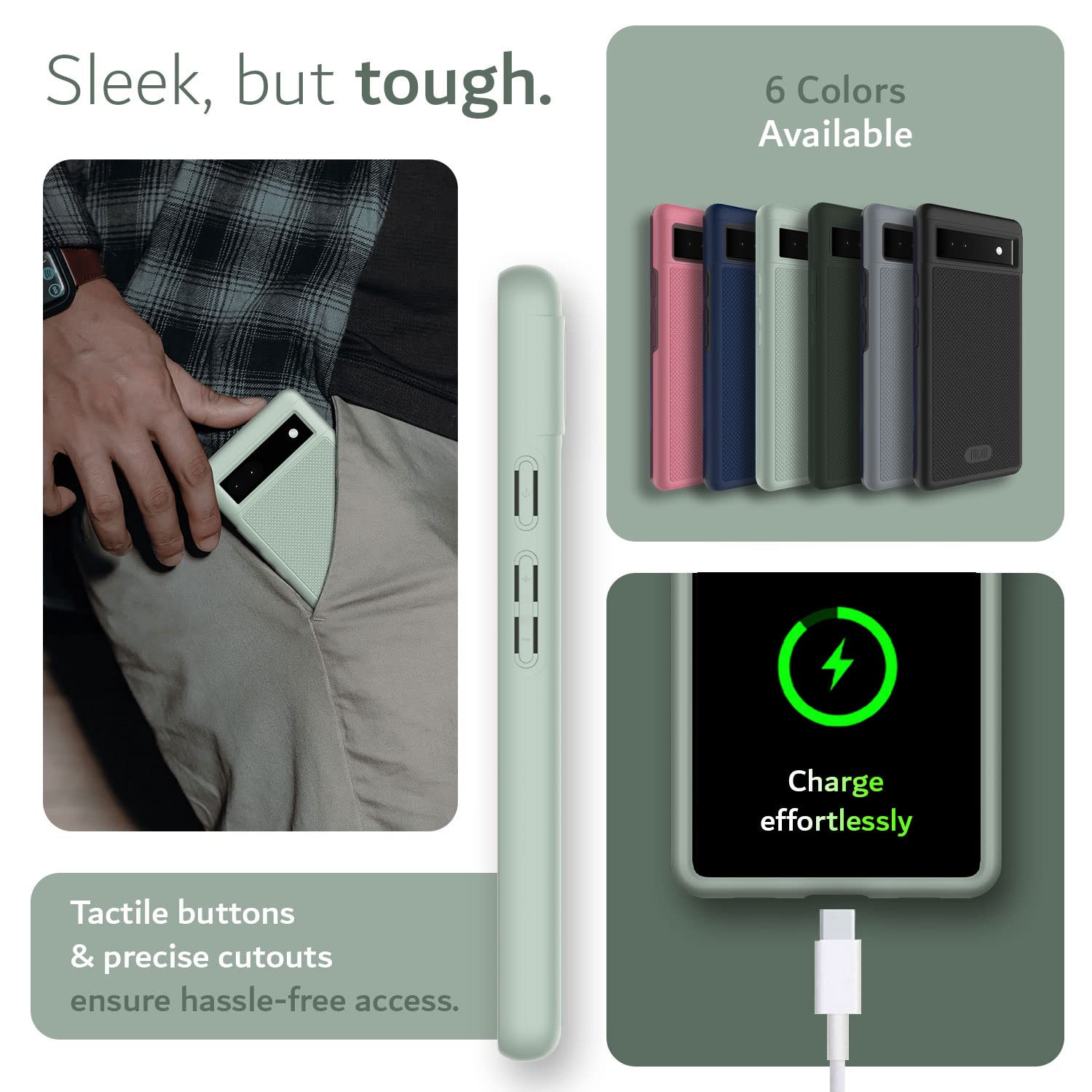 TUDIA MergeGrip Military Grade Protective Case for Google Pixel 6a (2022) - Dual Layer Shockproof, Slim & Non-Slip Heavy Duty Phone Cover - Green Lily | Perfect for Outdoor Activities, Work & Daily Protection