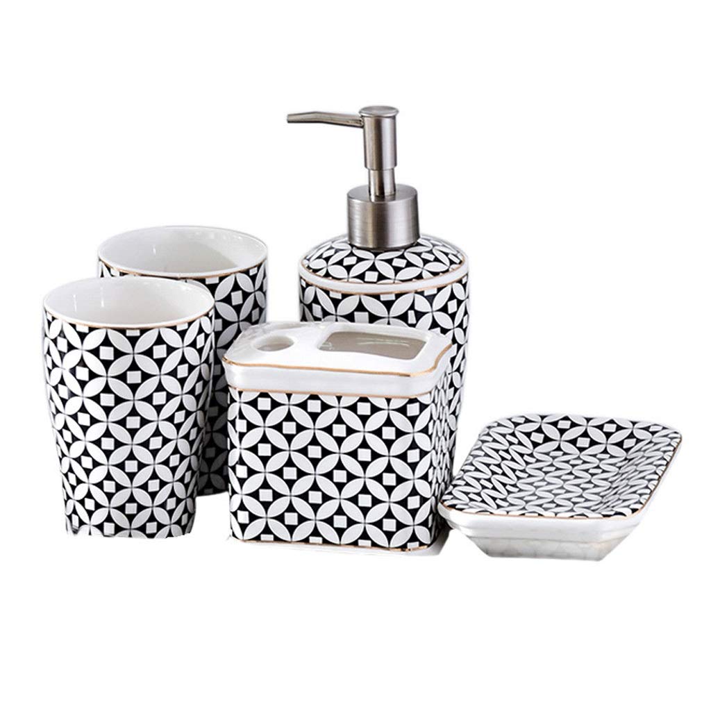 Ceramic 5-Piece Bathroom Set - Soap Dispenser, Toothbrush Holder, 2 Mouthwash Cups & Soap Box | European Style Liquid Dispenser for Bathroom, Kitchen & Vanity | Elegant Home Decor & Housewarming Gift