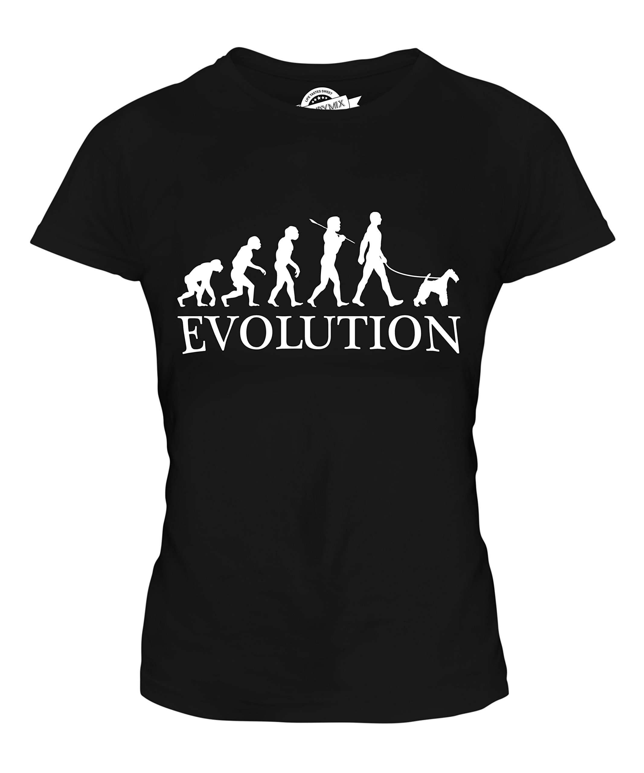 Women's Fitted Wire Fox Terrier Evolution of Man Graphic T-Shirt - Casual Vintage Tee for Dog Lovers & Science Enthusiasts