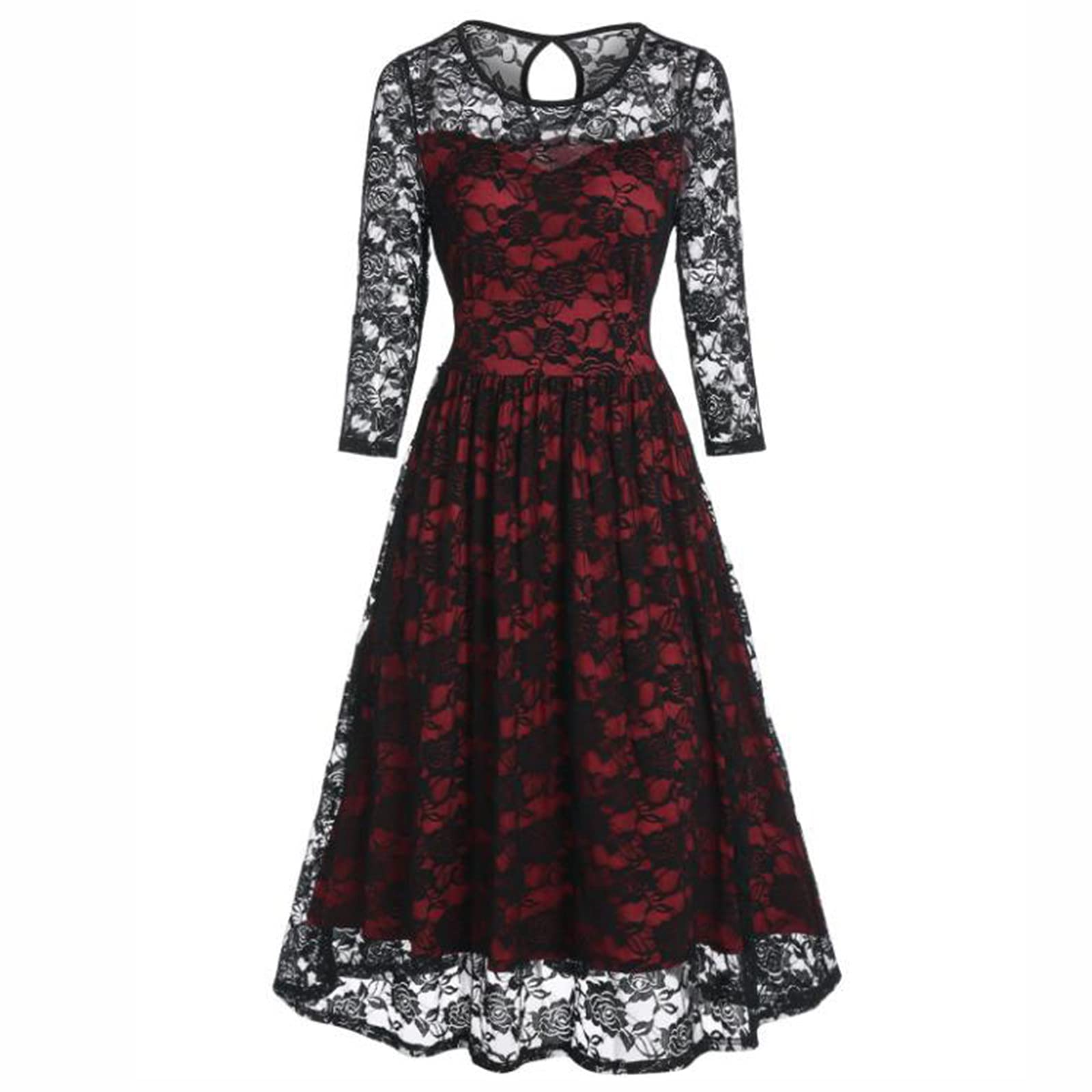 Vintage 1950s Rockabilly Cocktail Dress for Women - Long Sleeve Lace Swing Tea Dress - Elegant Wedding Guest Outfit - Perfect for Retro Parties, Bridal Showers & Formal Events