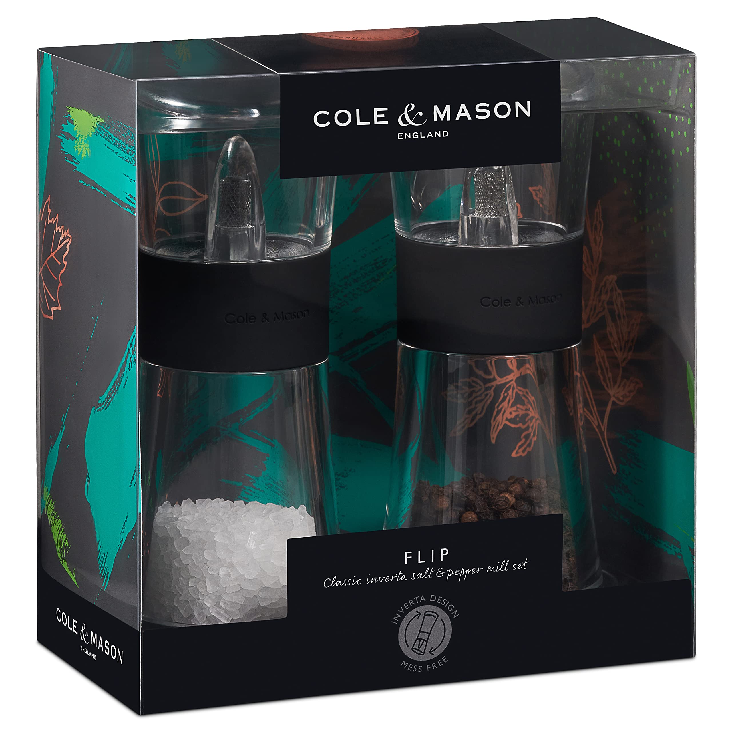 Cole & Mason H581580 Flip 180 Black Salt and Pepper Mill Set - Classic Inverta Acrylic Grinders (154mm) - Premium Kitchen Gift for Cooking & Dining