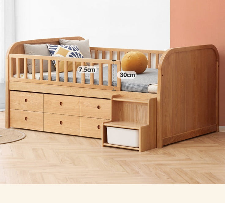 Solid Oak Wood Multi-Function Storage Bed with Wide Underbed Drawers - Perfect for Bedroom Organization & Small Space Living