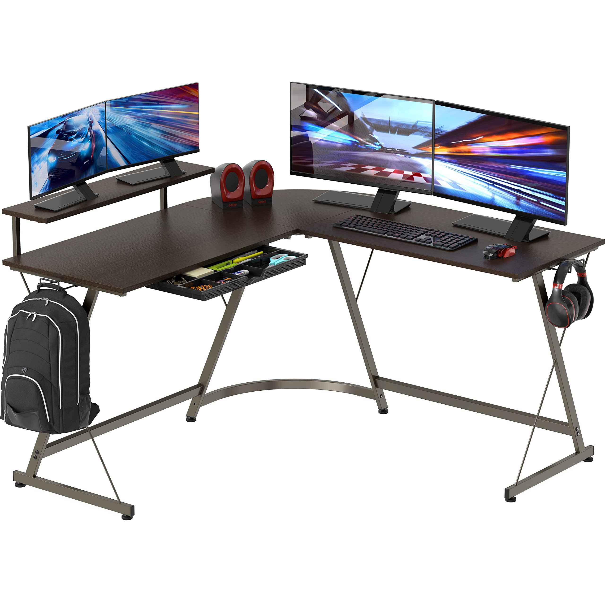 SHW Vista L-Shape Desk with Monitor Stand - Espresso Finish Home Office Computer Desk for Gaming & Workstation Setup
