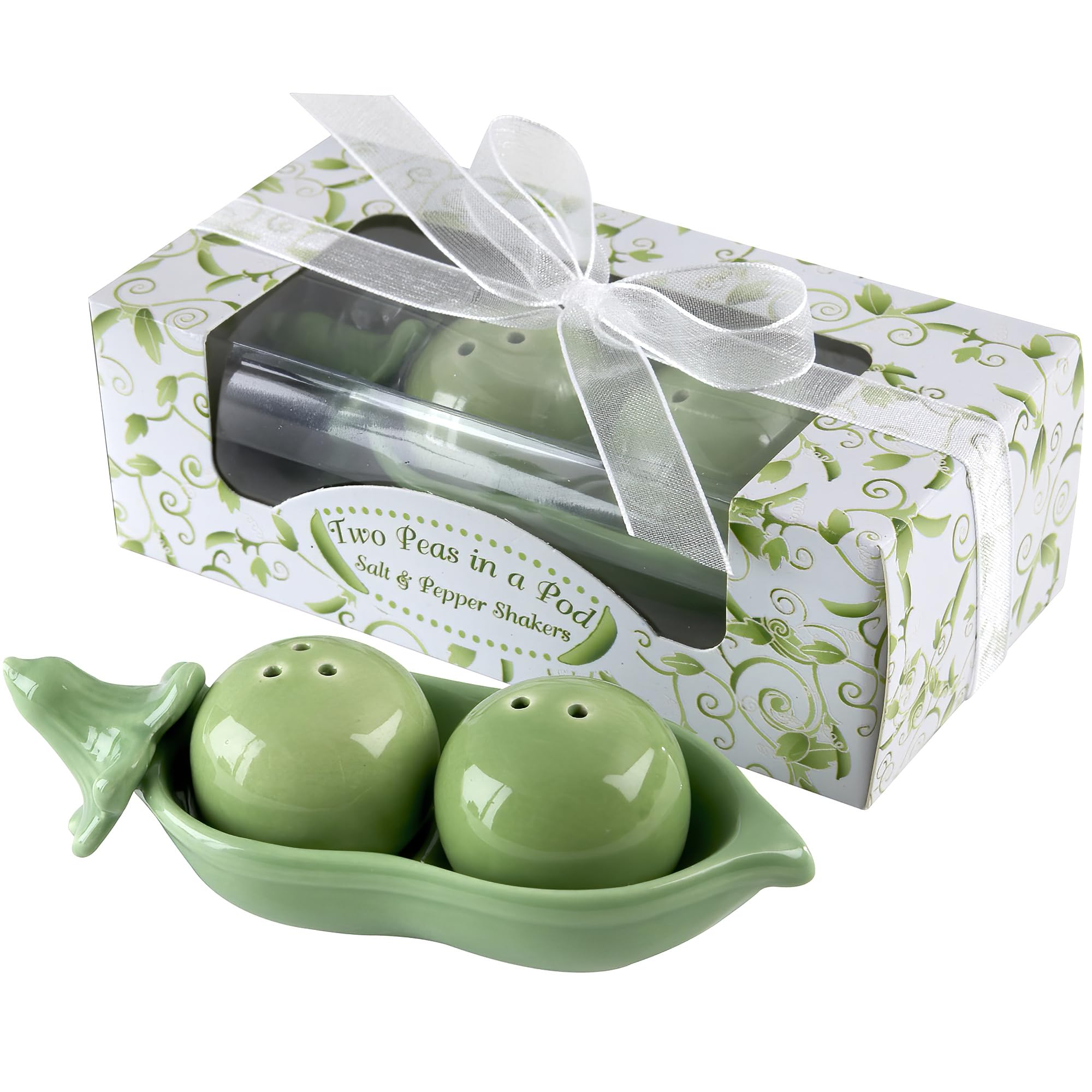 Kate Aspen Two Peas in A Pod Ceramic Salt and Pepper Shakers Set - Ivy Print Gift Box for Kitchen, Dining Table & Housewarming Gifts