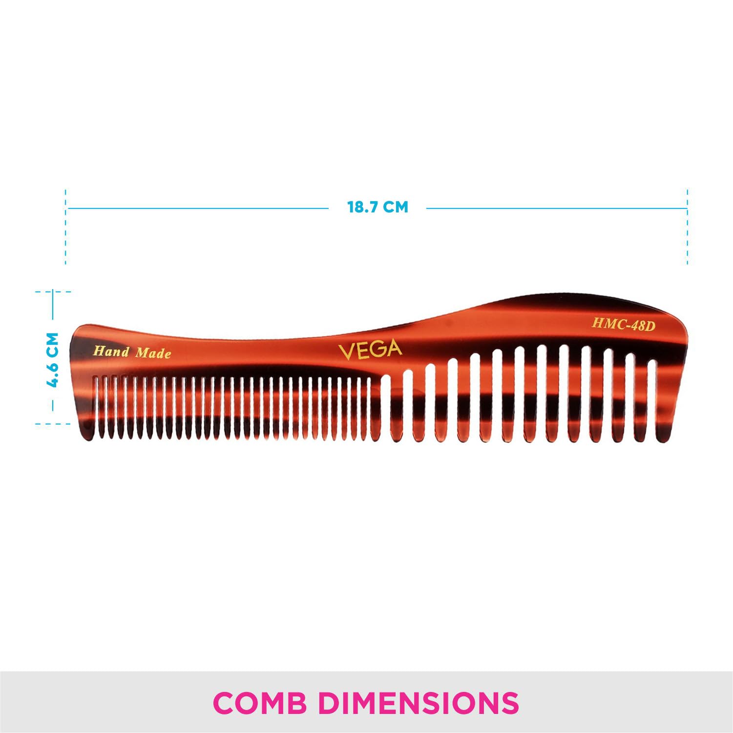 Vega Tortoise Shell Wide Tooth Shampoo Comb for Men & Women - Handmade Detangling Hair Brush for Wet/Dry Hair - India's No.1 Hair Comb Brand (HMC-48D) - Perfect for Shower, Salon & Home Hair Care