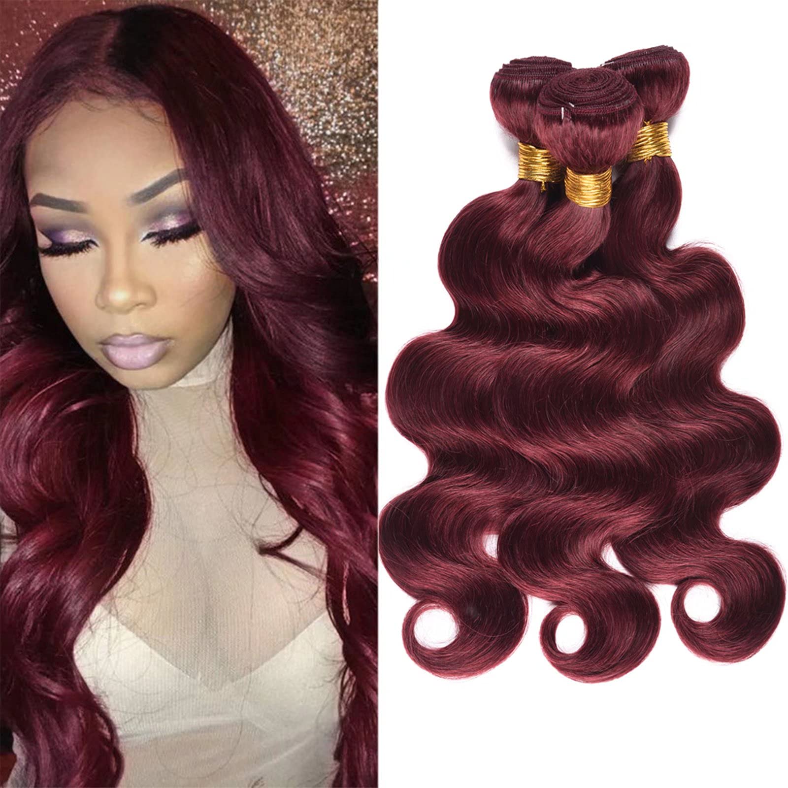 FEEL ME 99j Brazilian Body Wave Virgin Hair Bundles 3Pcs (10 12 14 Inch) - 100% Unprocessed Human Hair Extensions | Tangle-Free, Soft Burgundy Weft Hair for Natural Look | Perfect for Daily Wear, Parties & Special Occasions