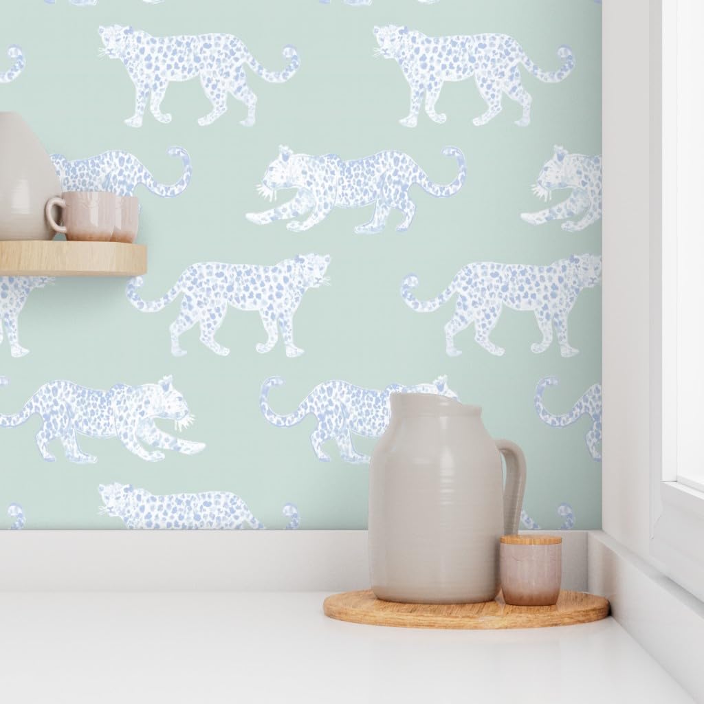 Peel & Stick Removable Wallpaper 9ft x 2ft - White Light Blue Sage Spots Animal Leopard Print Soft Green Custom Wallpaper by Spoonflower | Perfect for Nursery, Bedroom, Office & Home Decor