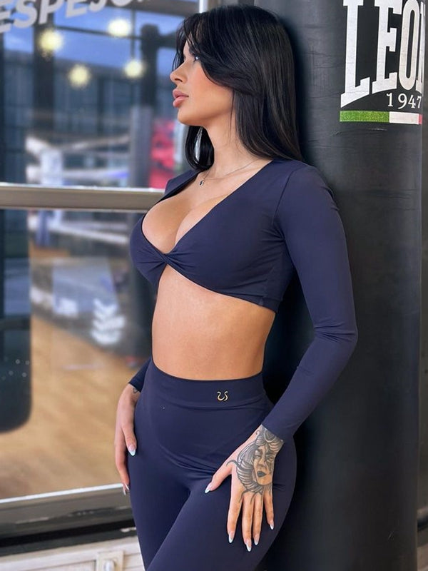 ZASUWA Women's Twist Cross Back Deep V Neck Tracksuit Set - Stylish & Comfortable Workout Outfit for Yoga, Gym & Running