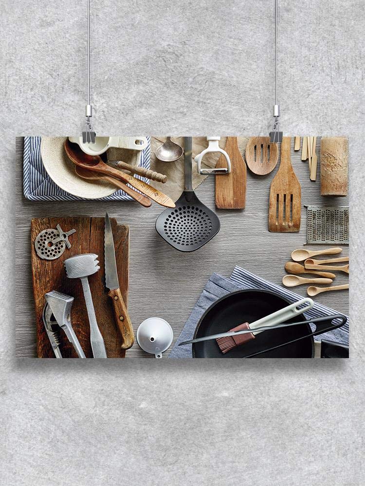 Premium Kitchen Utensils Set on Rustic Wooden Table - Wall Art Poster for Modern Farmhouse & Country Style Kitchen Decor | Perfect for Home, Restaurant, and Cafe Interior Design