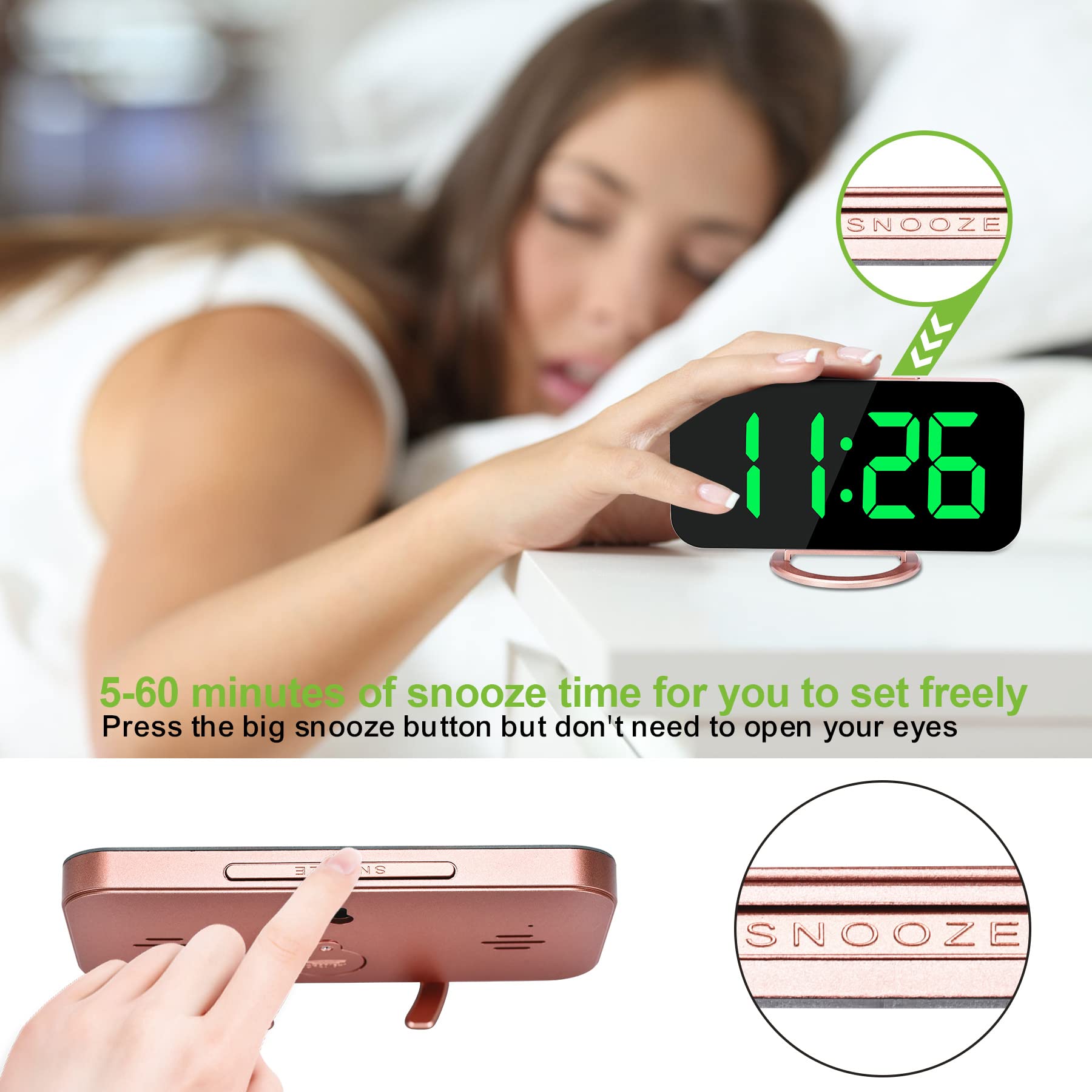 SZELAM 6.5 Inch Large LED Digital Alarm Clock with USB Charging Ports, Auto Dimmer, 12/24H Format - Modern Rose Gold Desk Clock for Bedroom, Office & Home Decor | Perfect for Nightstand, Dorm Room and Gift Giving