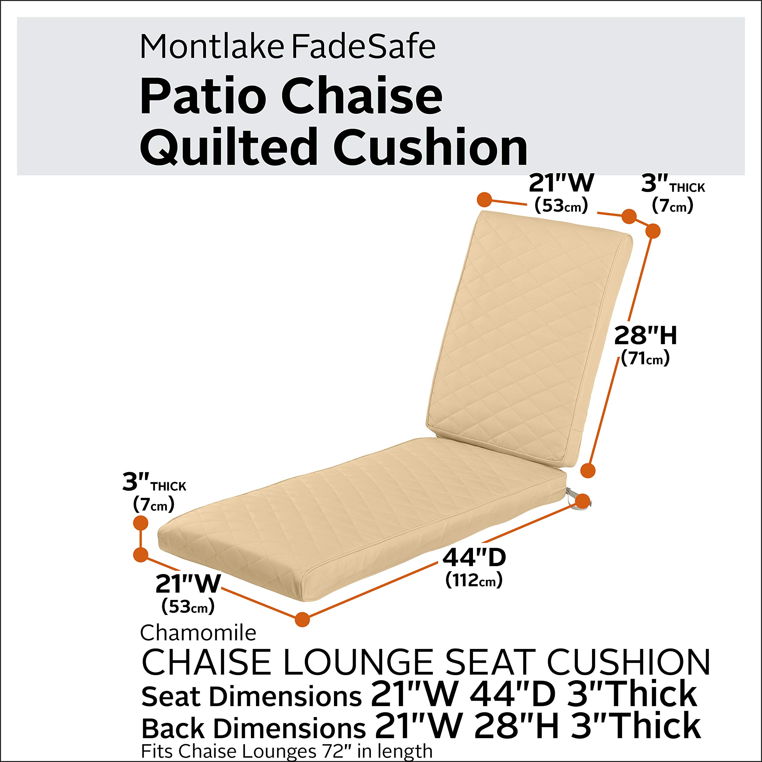 Classic Accessories Montlake Outdoor Chaise Lounge Cushion - 72 x 21 Inch FadeSafe Water-Repellent Quilted Chamomile for Patio, Poolside, and Garden Relaxation