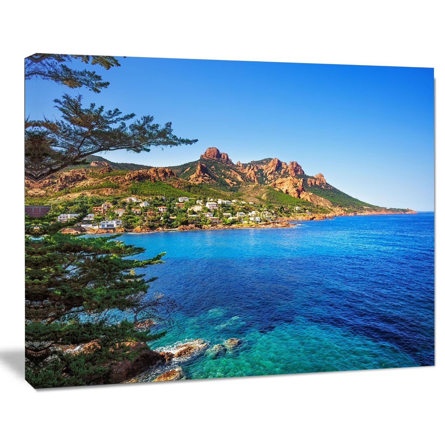Esterel Rocks Beach Coast in Blue - Extra Large Seashore Canvas Wall Art for Living Room, Bedroom & Office Decor | Coastal Landscape Painting | Ocean Themed Home Decor