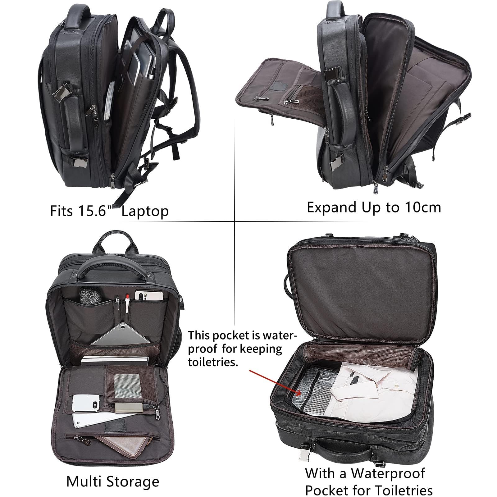 Expandable 15.6 Inch Leather Laptop Backpack for Men - 36L Business Travel Rucksack, Daypack & Weekender Bag - Perfect for Office Commute, Business Trips & Weekend Getaways