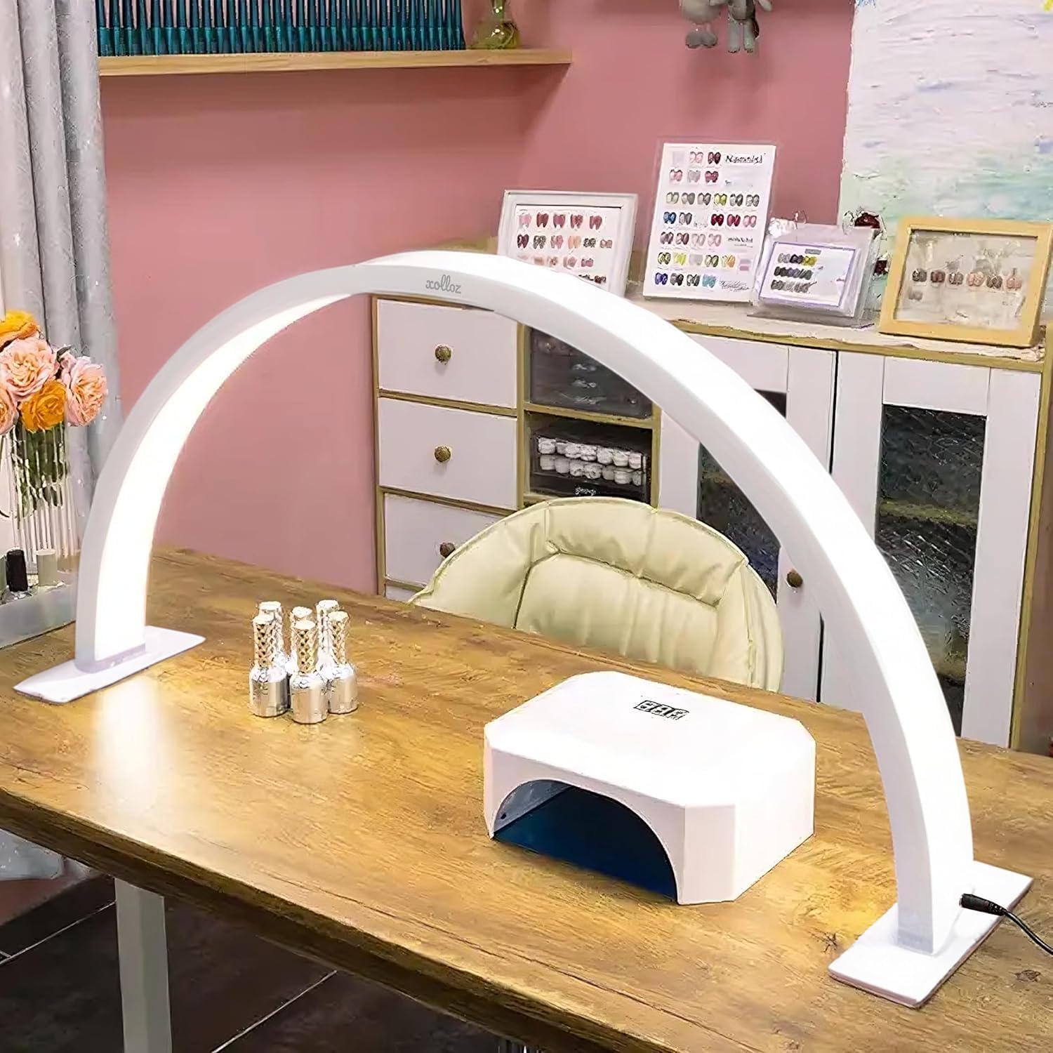 Half-Moon Nail Tech Desk Lamp - 3360 Lumen LED Nail Light with Button Control, Professional Manicure & Lash Extension Lamp for Salon, Tattoo Studio & Home Use (White)