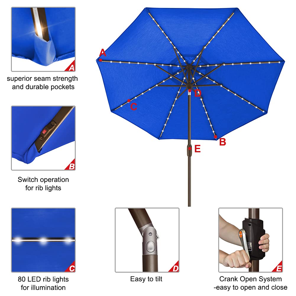 EliteShade USA 10-Year Fade-Resistant 9ft Solar LED Patio Umbrella with 80 Lights - Ventilated Outdoor Market Umbrella for Garden, Poolside & Restaurant (Royal Blue) - Perfect for Backyard BBQs, Beach Lounging & Outdoor Dining