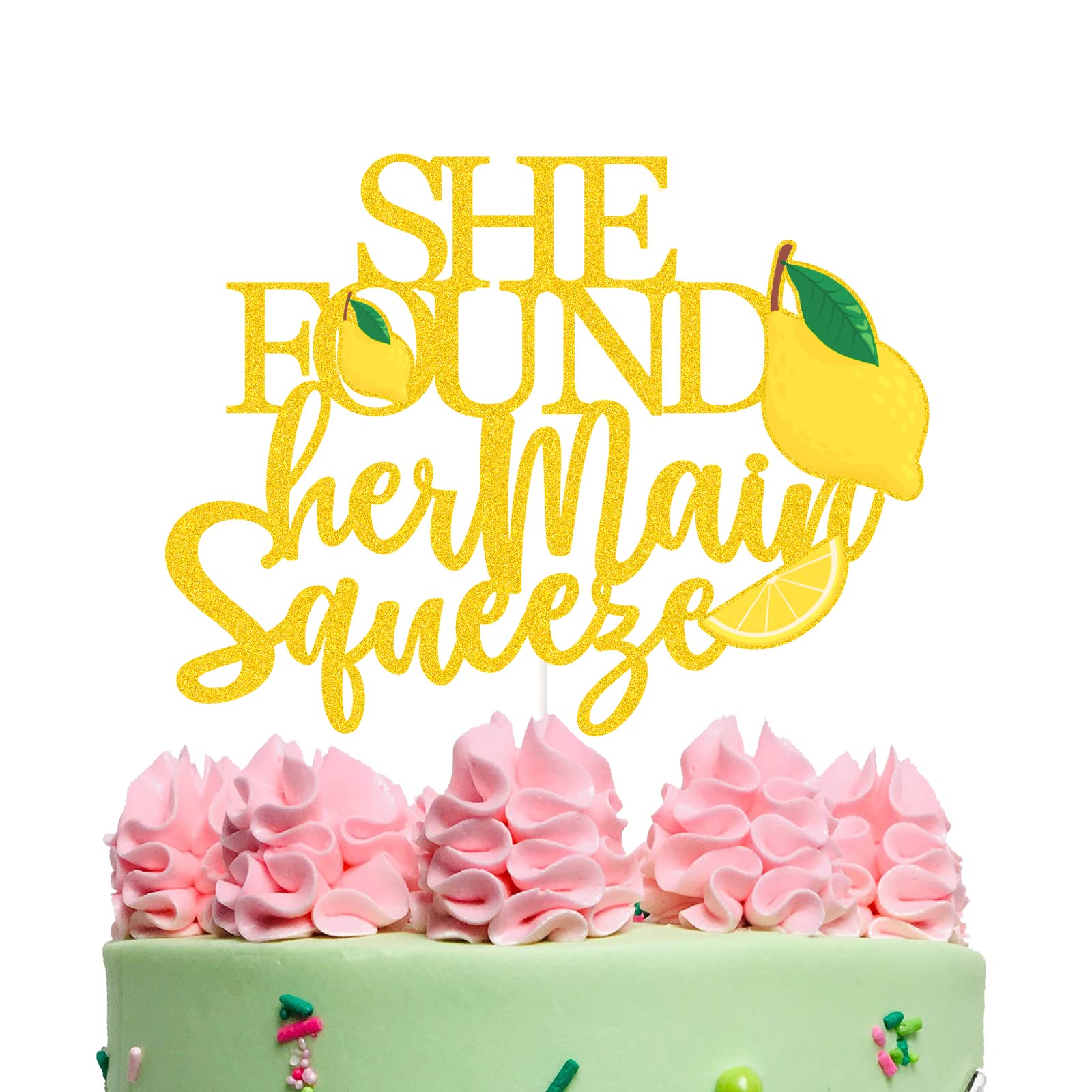 Lemon Themed Wedding Cake Topper - She Found Her Main Squeeze Cake Decorations for Bridal Shower, Bachelorette Party & Engagement Celebrations | Gold Lemon Smash Cake Picks | Perfect for Citrus-Themed Weddings and Summer Bridal Events