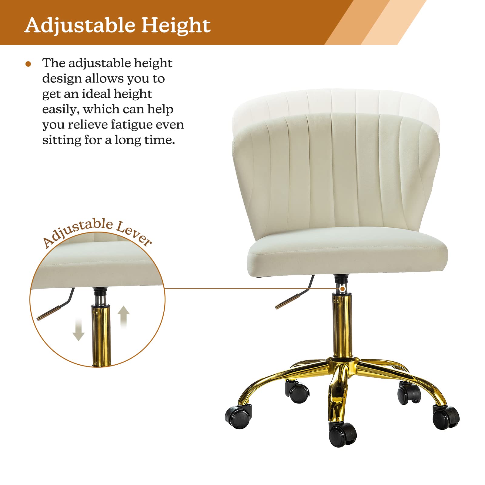TINA'S HOME Modern Velvet Office Chair with Wheels & Gold Base - Adjustable Low Back Swivel Rolling Task Chair, Armless Upholstered Desk Chair for Home Office, Living Room, Vanity or Study - Ivory