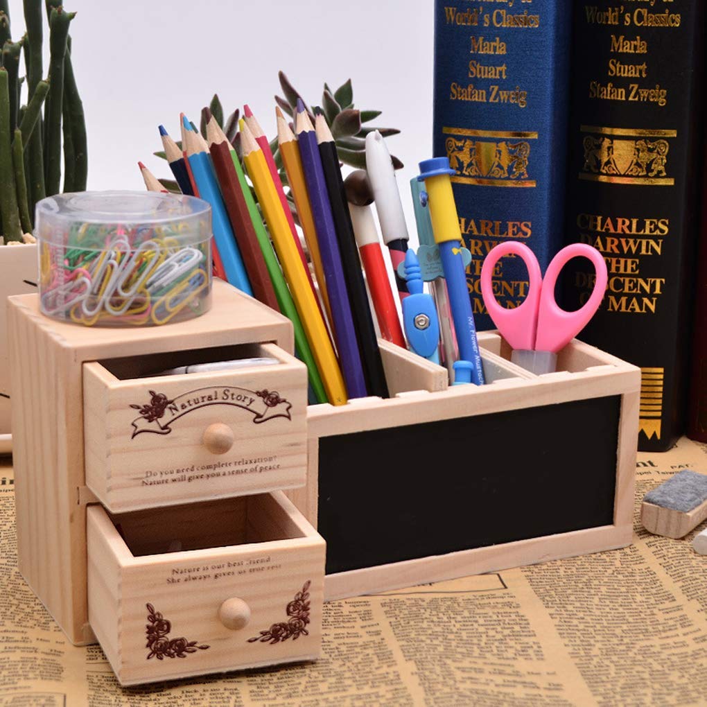 Premium Wooden Office Organizer with Drawer - Pencil Holder, Blackboard & Message Board for Desk Organization | Perfect for Home Office, Study Desk & Workspace Accessories