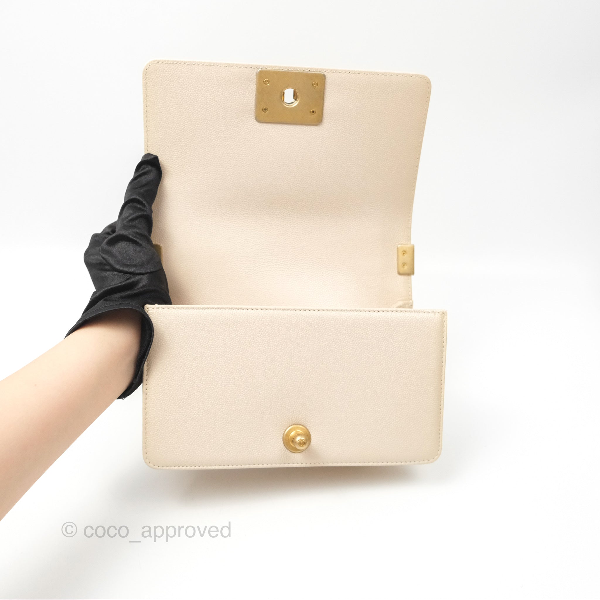 Chanel Chevron Small Boy Bag in Cream Ivory Caviar Leather with Aged Gold Hardware - Perfect for Luxury Fashion & Everyday Elegance