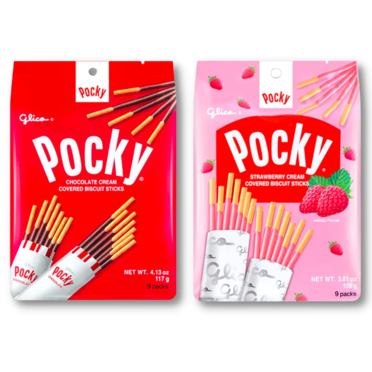 Pocky Sticks Family Pack - 2 Variety Packs (Chocolate & Strawberry Cream) | 9 Count per Pack | Authentic Japanese Snacks | Perfect for Parties, School Lunches & Office Treats