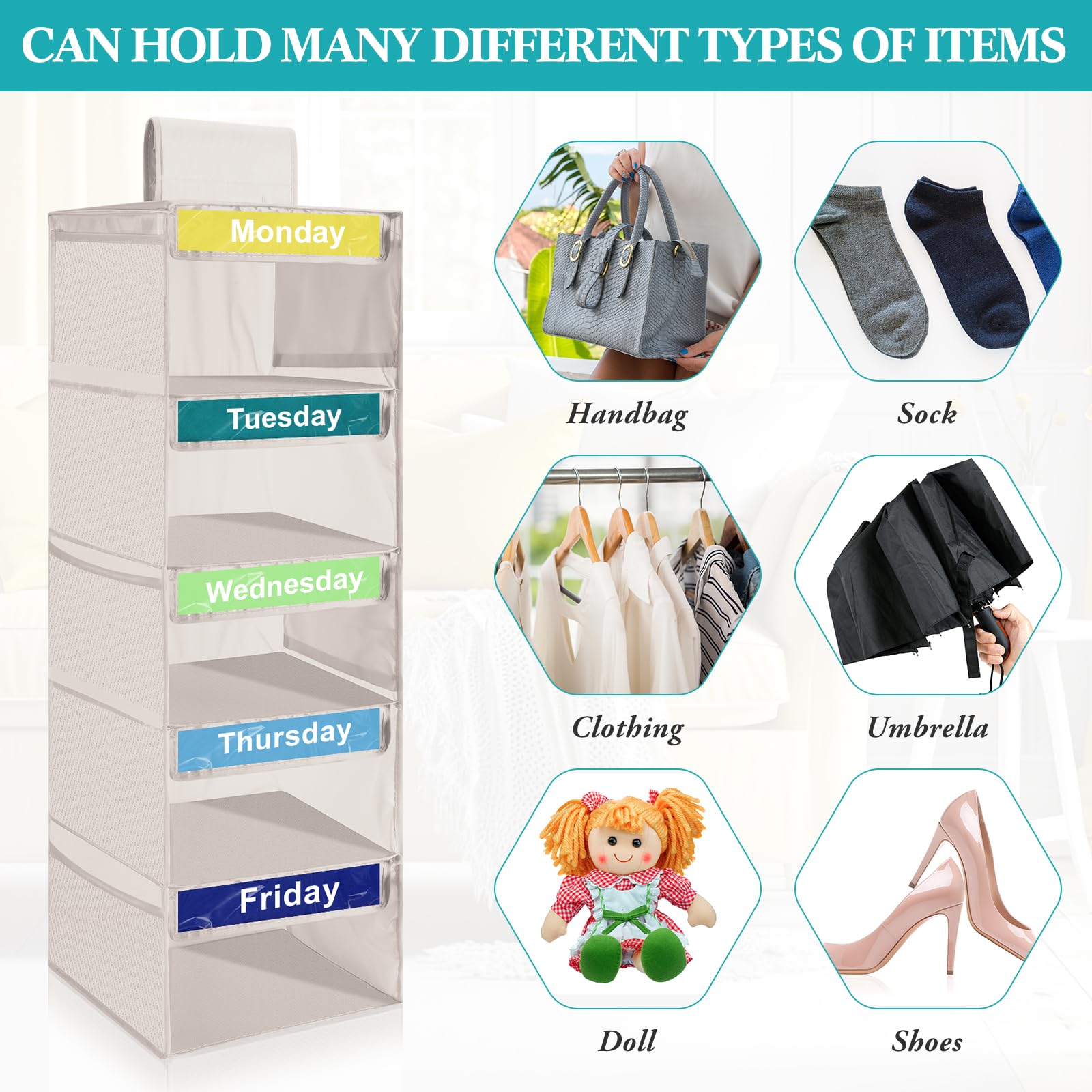 2 Pack Beige Collapsible Hanging Closet Organizers for Kids - Weekly Shelf Dividers for Clothes, Sweaters & Baseball Hats - Perfect for Dorm, Bedroom & Closet Storage (Space-Saving & Foldable)