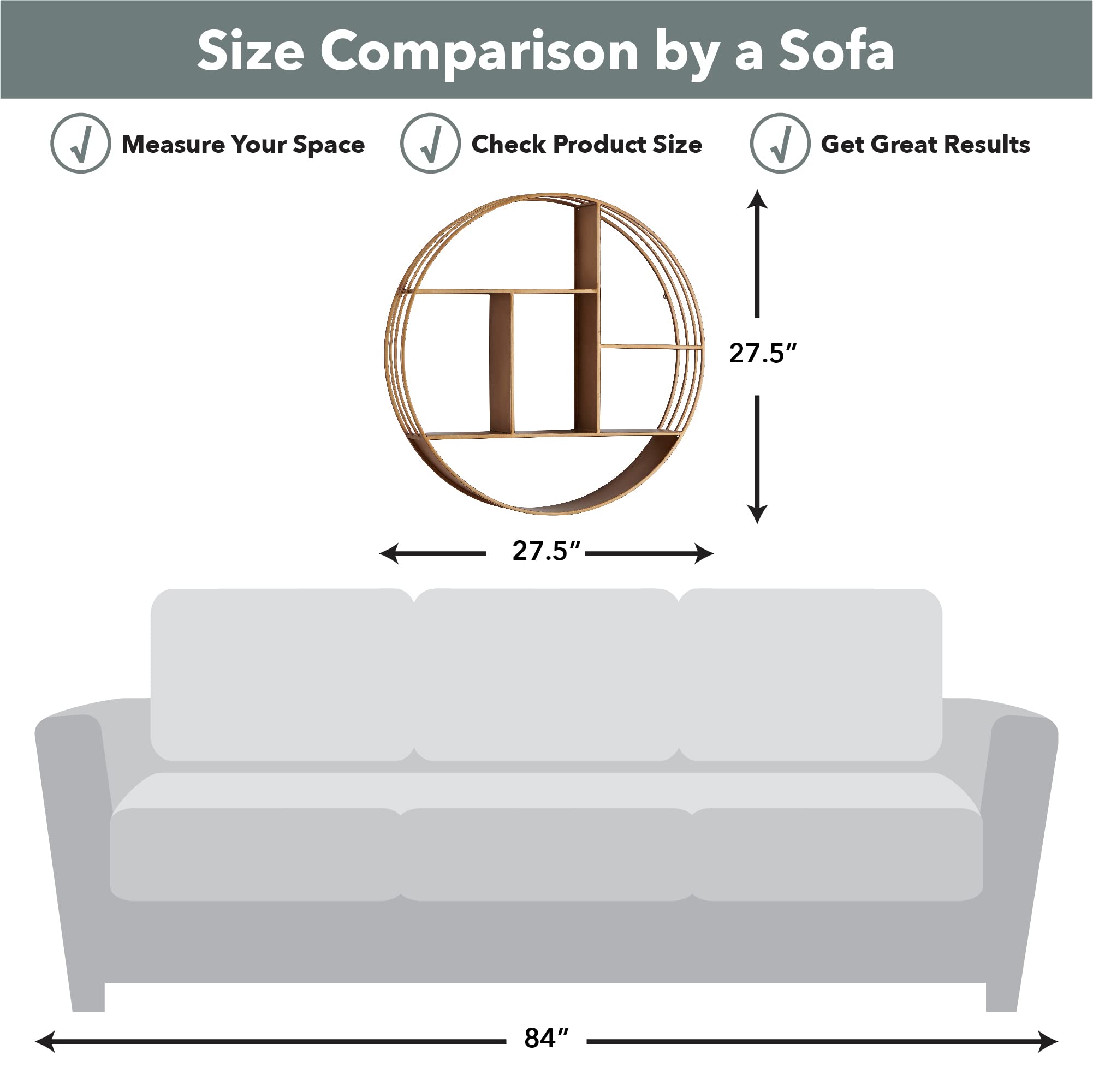 FirsTime & Co. 3-Tier Round Gold Wall Shelf - Industrial Metal Floating Shelf for Bathroom, Bedroom & Living Room Decor - 27.5 Inch Wall Mounted Storage | Perfect for Small Spaces, Home Organization & Stylish Display