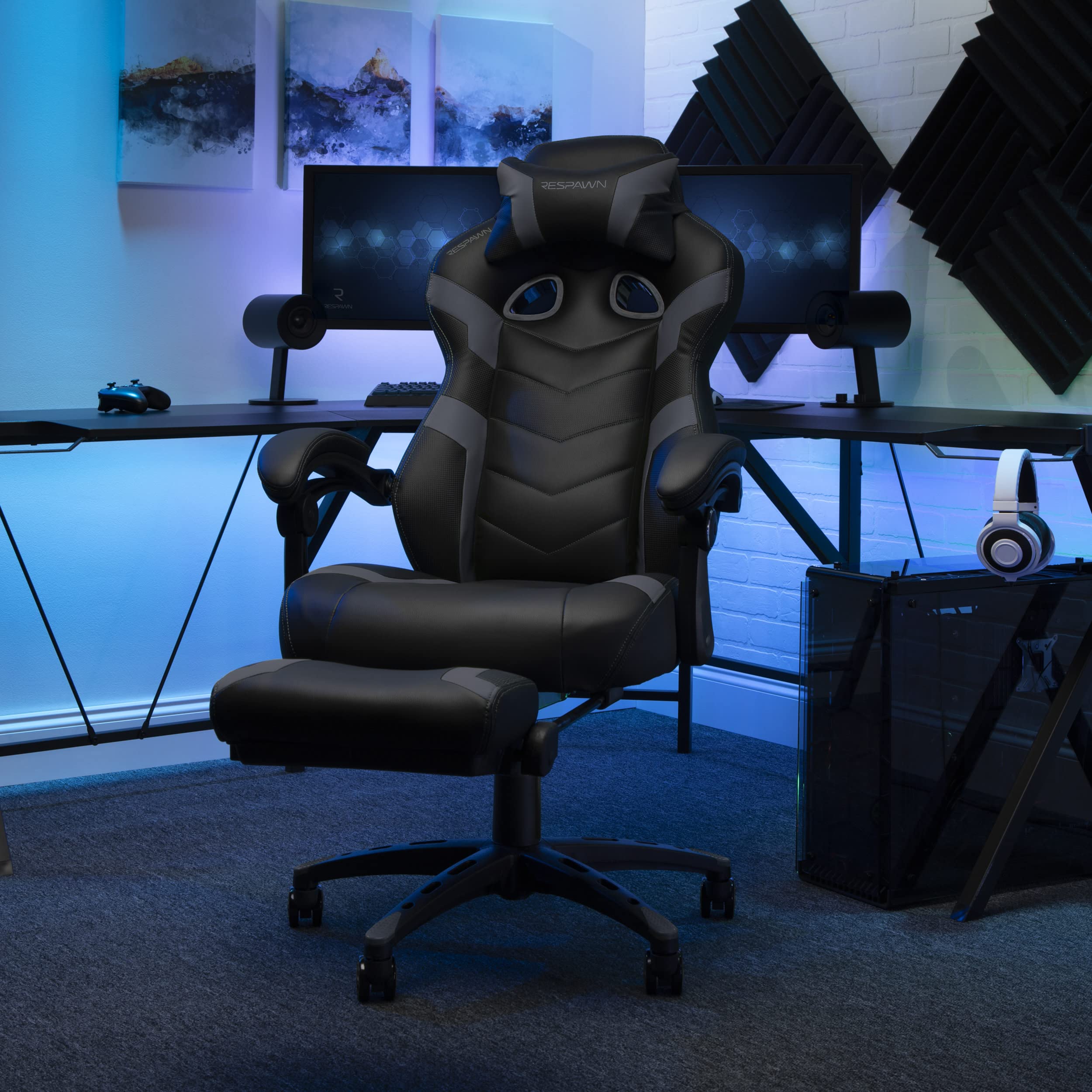 RESPAWN 110 Pro Ergonomic Gaming Chair with Adjustable Footrest & Headrest - Reclining Computer Desk Chair for Adults - Grey | Perfect for PC Gaming, Home Office & Streaming Setup