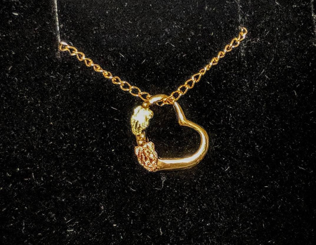 10kt Solid Gold Three-Tone Floating Heart Pendant with Red & Green Leaf Accents - Includes 18