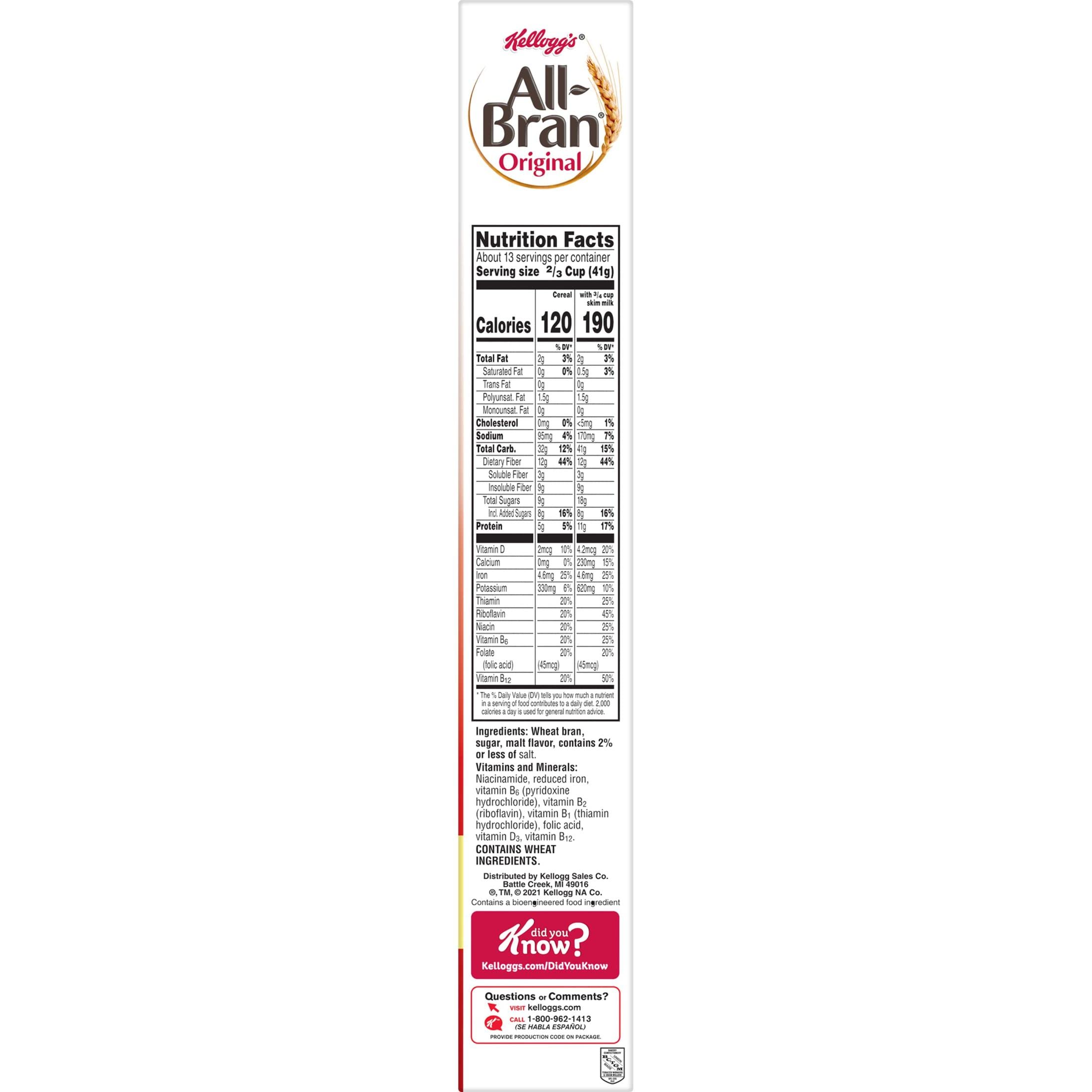 All Bran Breakfast Cereal - High Fiber Original with 8 Vitamins & Minerals (18.6oz Box) | Healthy Morning Meal & Digestive Support for Adults
