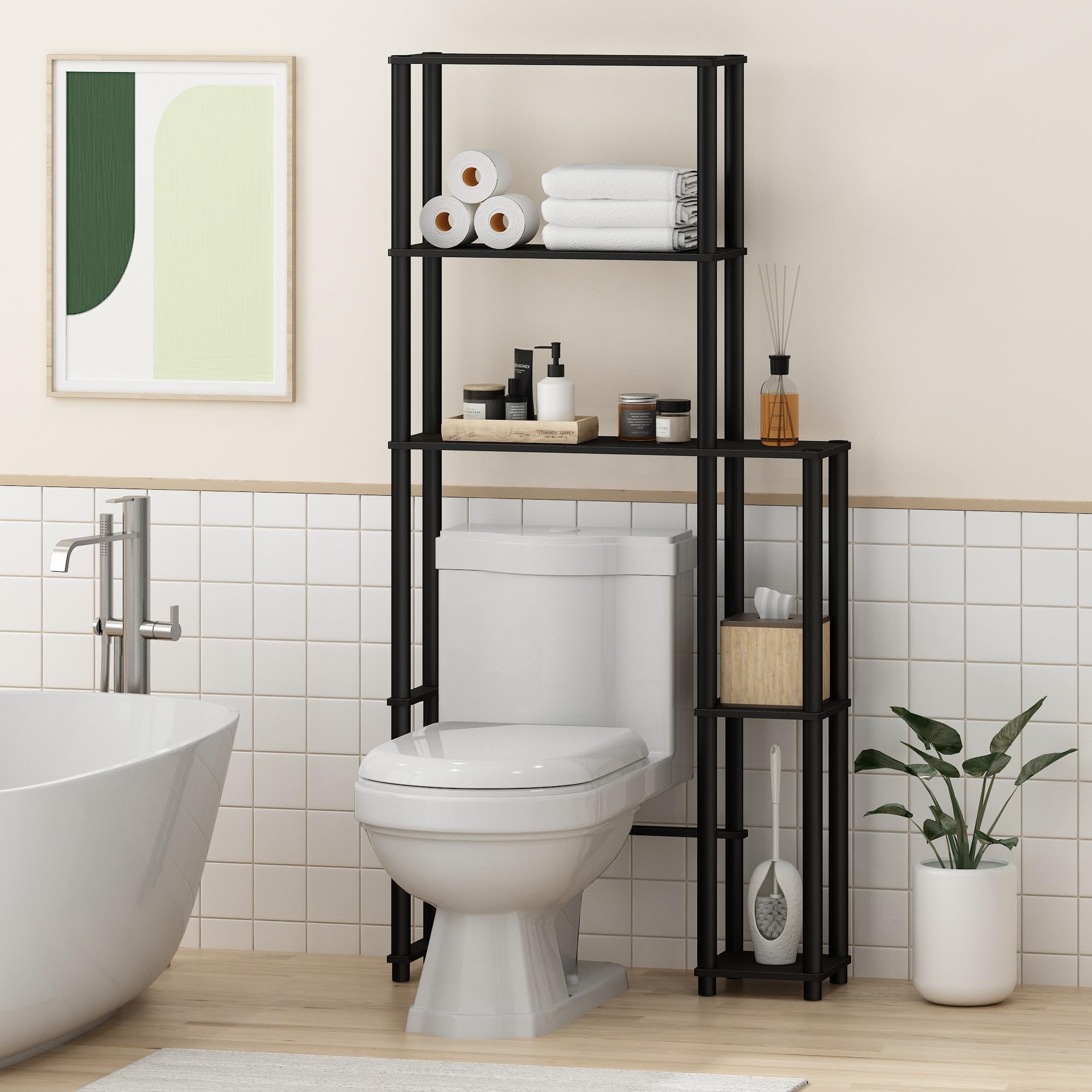Furinno Turn-N-Tube 5-Tier Over The Toilet Storage Shelf - Space Saving Bathroom Organizer Rack for Towels, Toiletries & Decor - Espresso/Black - Perfect for Small Bathrooms & Apartment Living