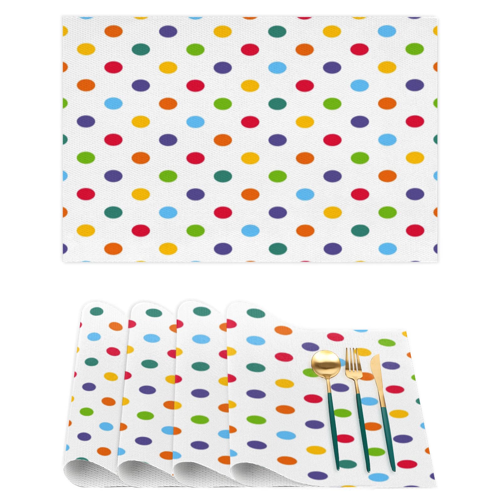 Vibrant Polka Dot Placemats Set of 6 - Heat Resistant Vinyl Table Mats for Kitchen & Dining - Washable PVC Placemats for Everyday Use, Parties & Holiday Decor