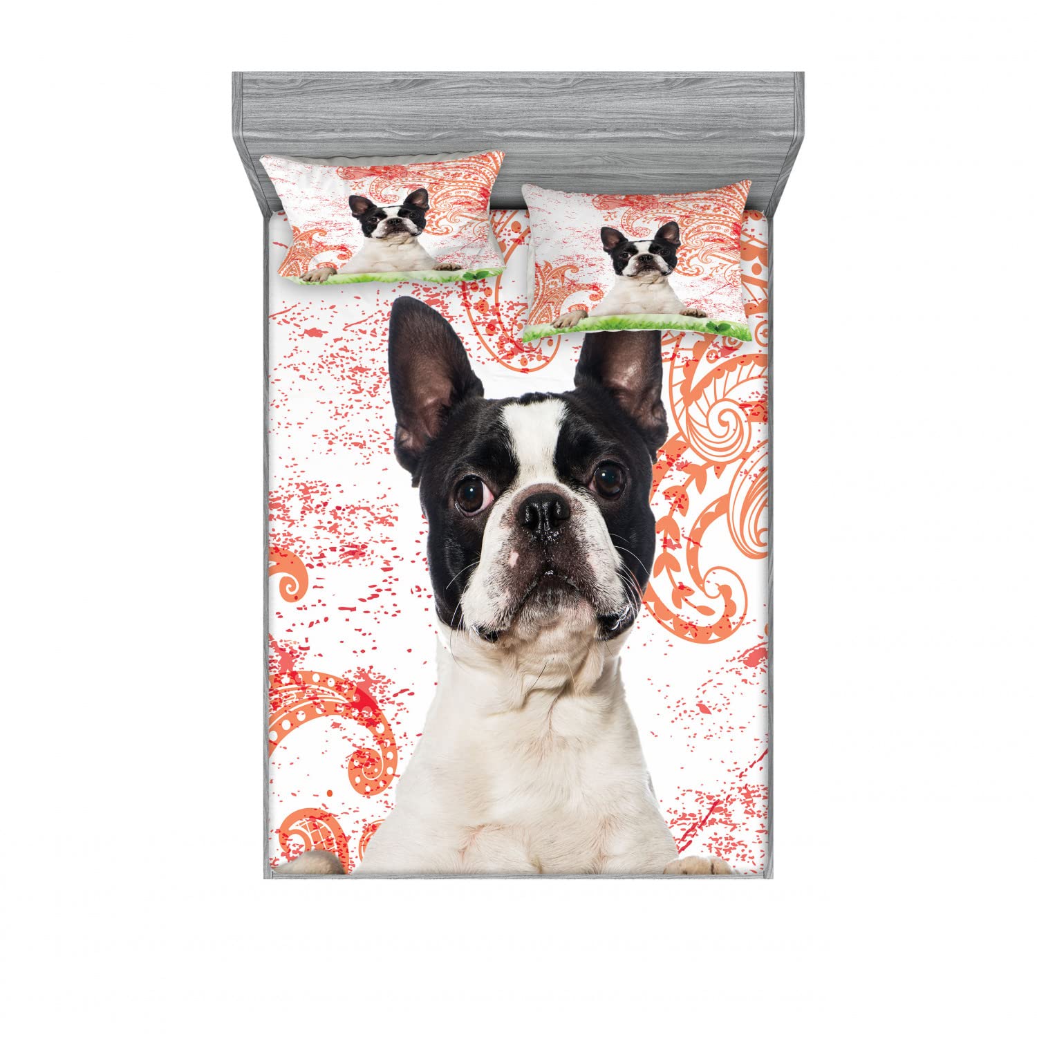 Ambesonne 2-Piece Dog Lover Queen Size Bed Sheet Set with 4 Pillow Shams - Pet Animal Print on Swirl Design, Multicolor Cotton Blend Fitted Sheets & Decorative Pillow Covers - Perfect for Dog Owners' Bedroom Decor & Guest Room Styling