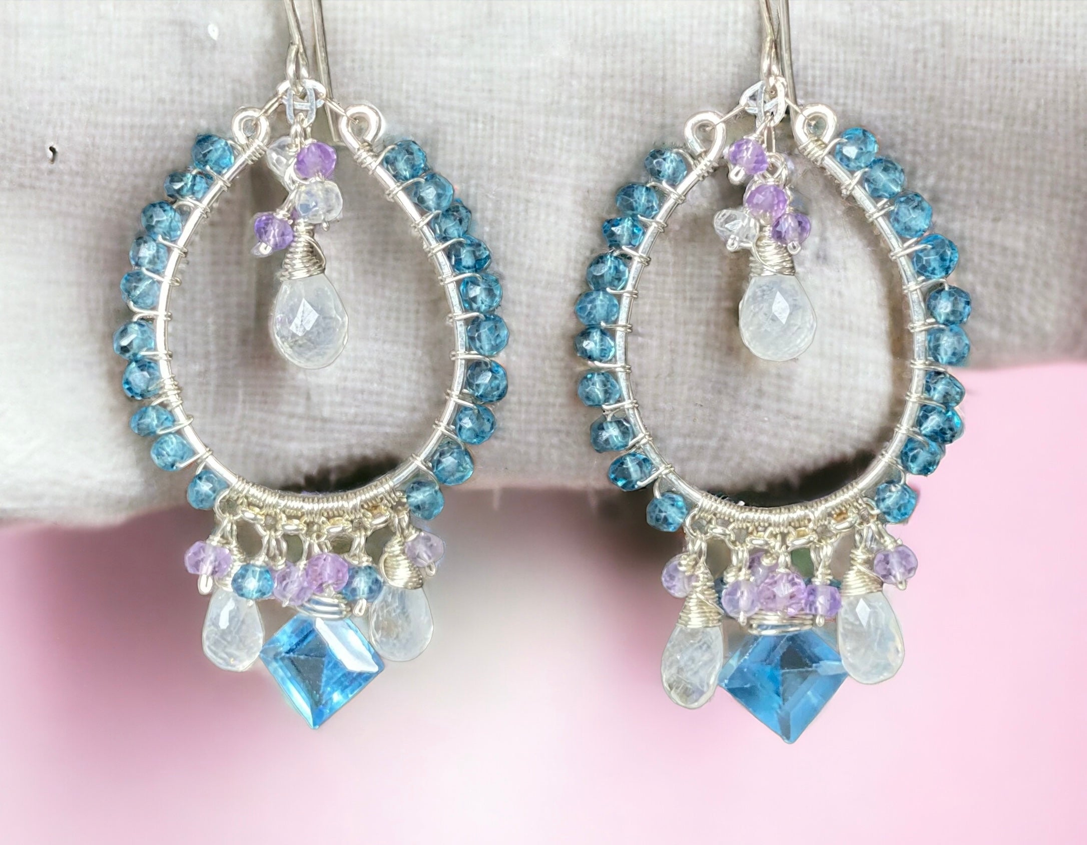 Blue Gemstone Chandelier Hoop Earrings for Women - Elegant Dangling Crystal Jewelry for Party, Wedding & Evening Wear