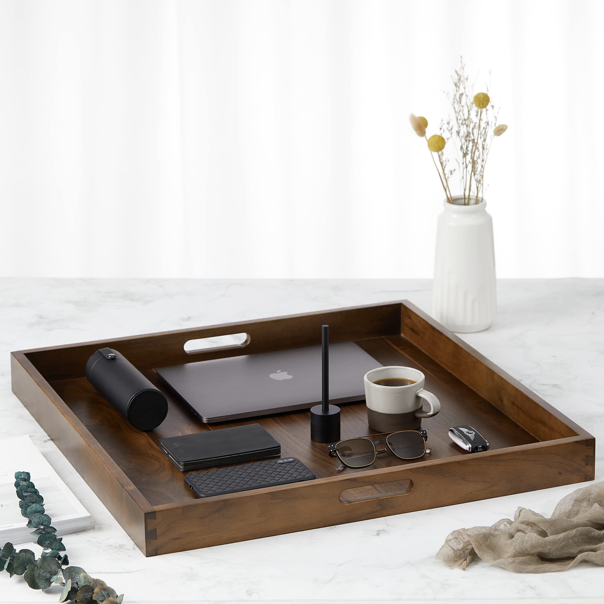 24x24 Inches Black Walnut Extra Large Ottoman Tray - Solid Wood Serving Tray with Handles for Coffee Table, Ottoman & Living Room - Perfect for Entertaining, Decor & Organizing