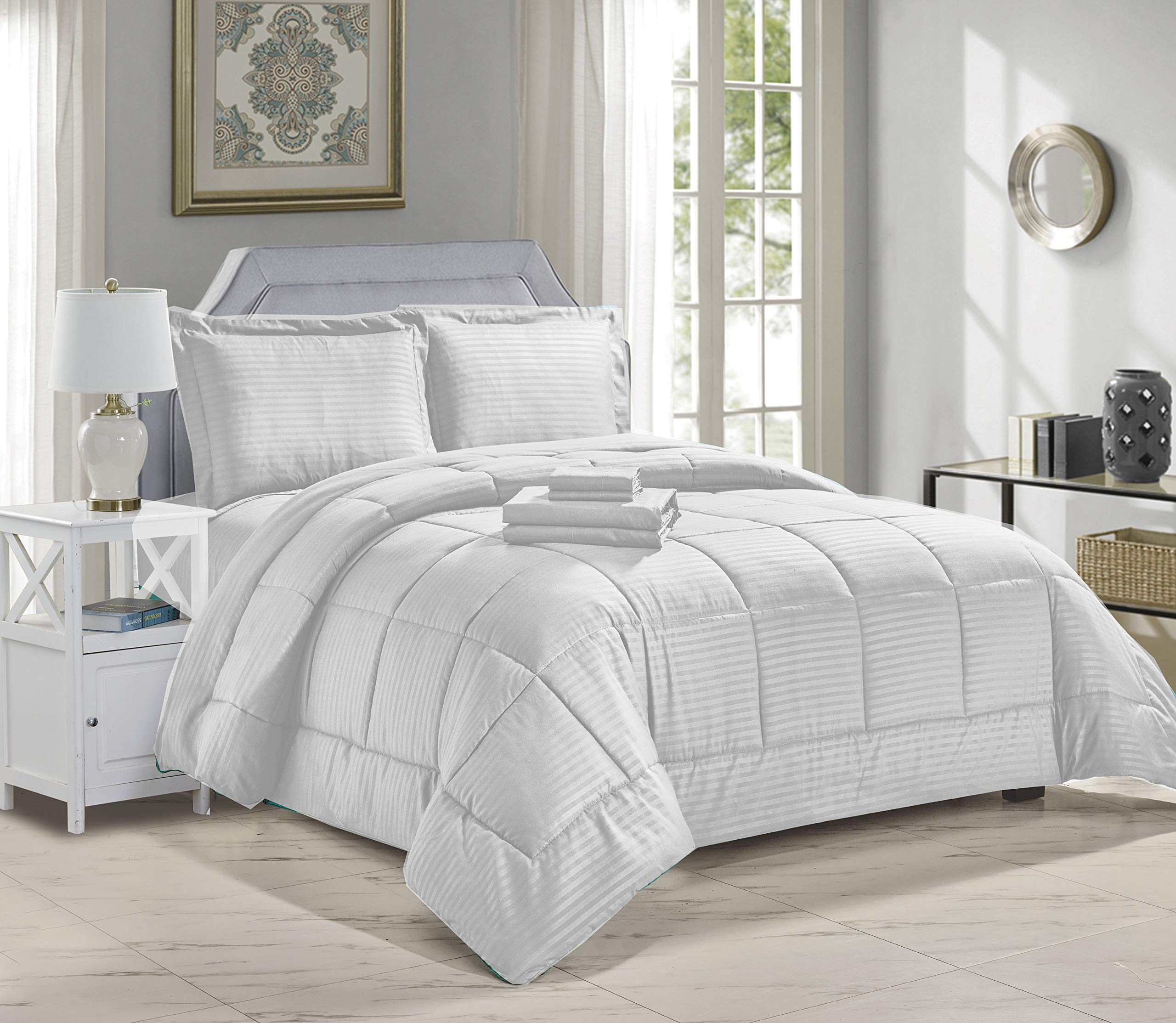 8-Piece Embossed Stripe Queen Size Bed in a Bag Set - White | Complete Luxury Bedding Collection for Master Bedroom & Guest Room Decor