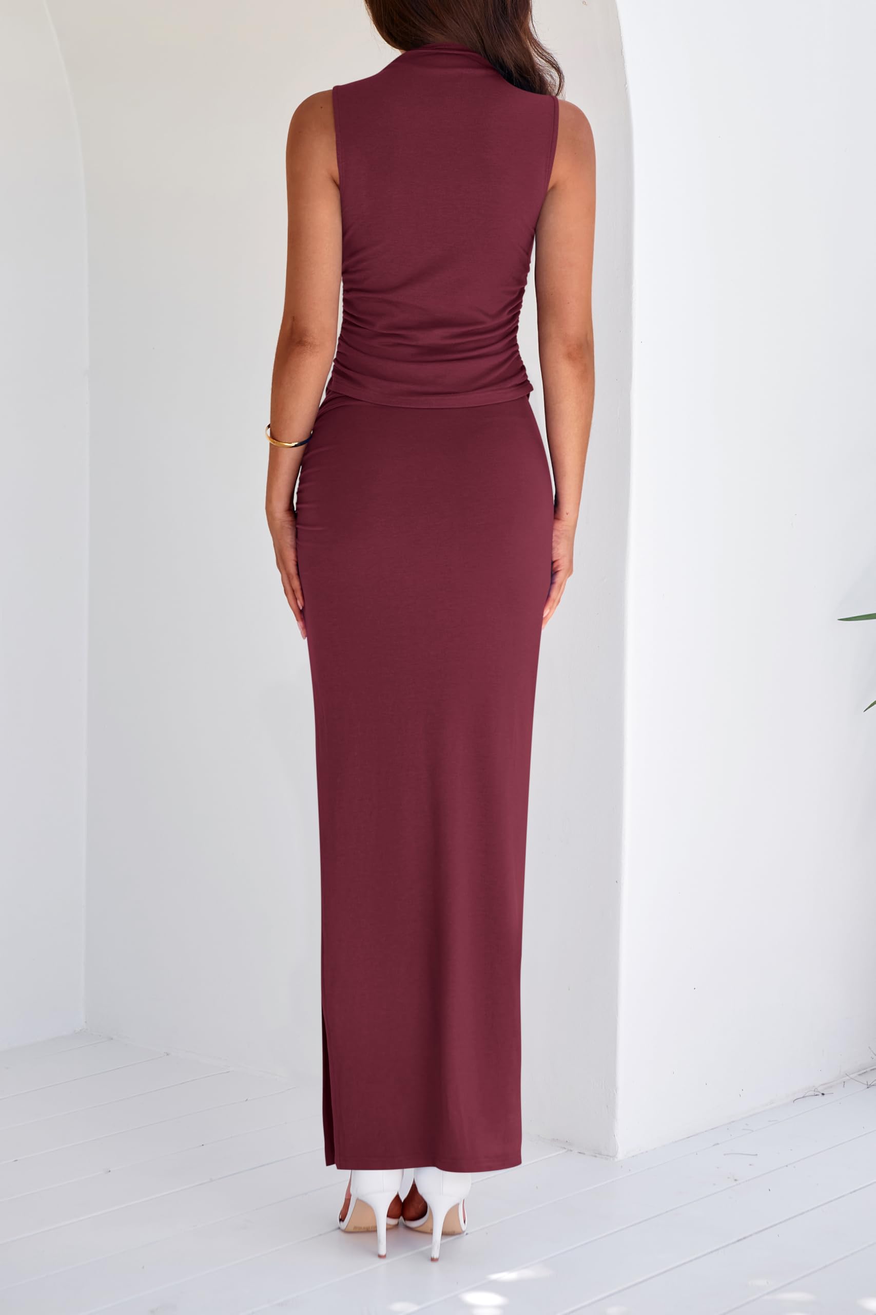 BTFBM Women's Summer Two Piece Outfit - Lightweight Mock Neck Sleeveless Knit Top with Maxi Skirt Set | Casual Going Out Dress for Beach, Vacation & Date Night